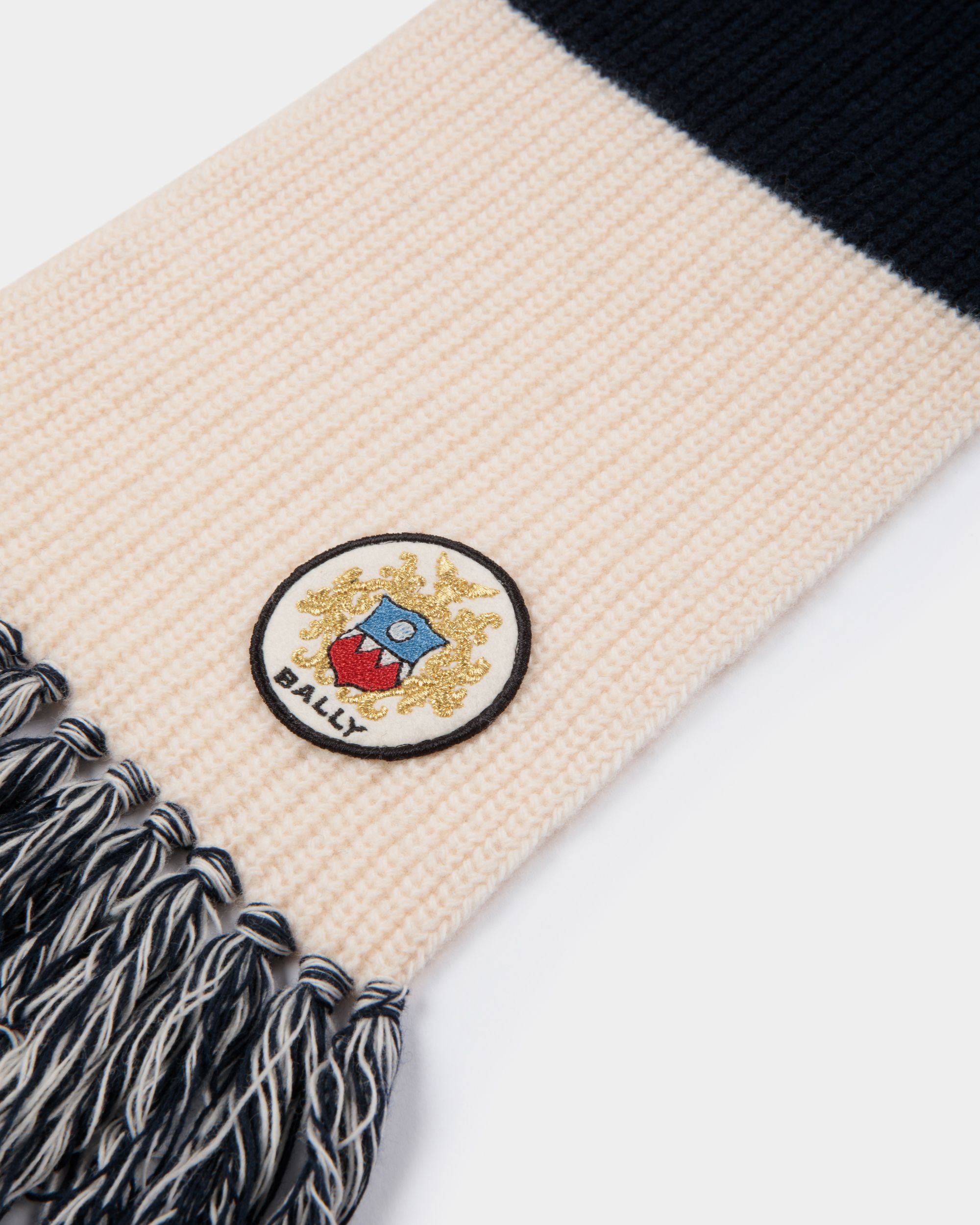 Bally Global - Scarf With Bally Crest Logo in Navy Blue and Ivory Wool - Multicolor