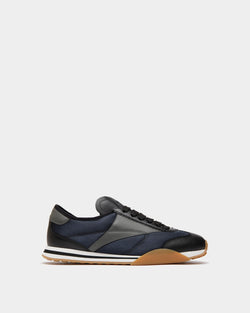 Zapatilla Sussex En Cuero Negro, Cuero Navy Blue y Tela
