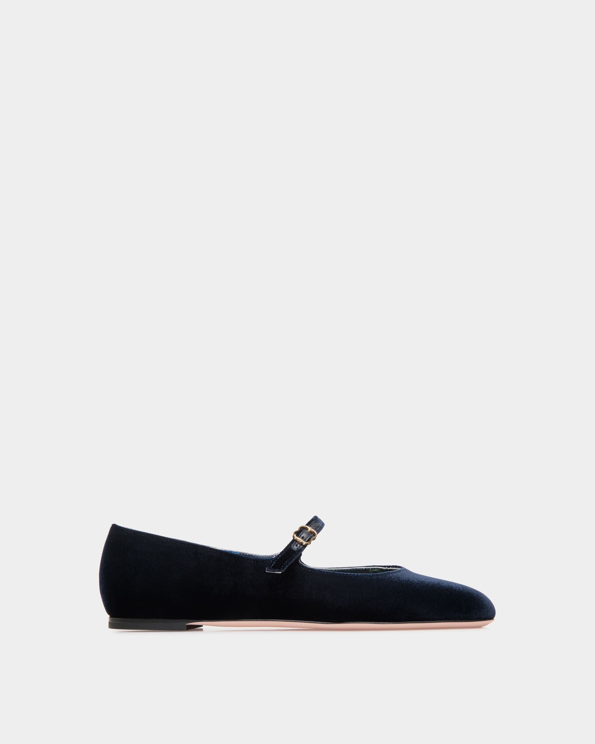 Bally Global - Ballyrina Flat in Navy Blue Velvet Fabric - Blue