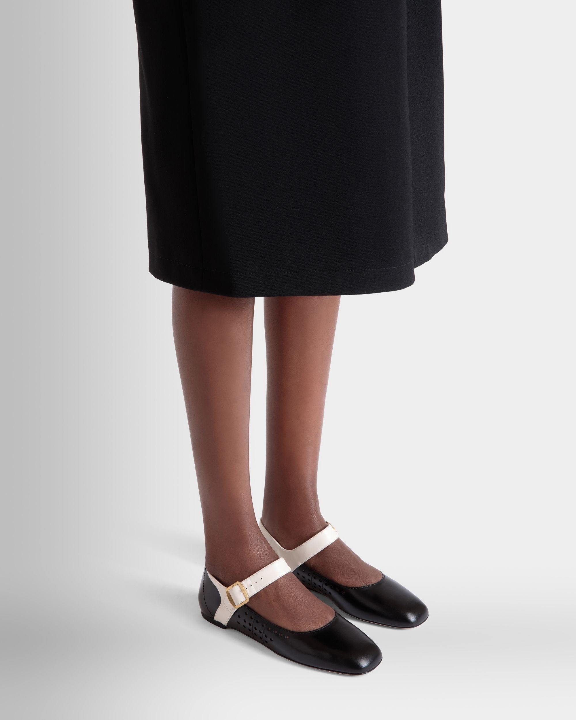 Bally Global - Ballyrina Flat in Black and White Leather - Black