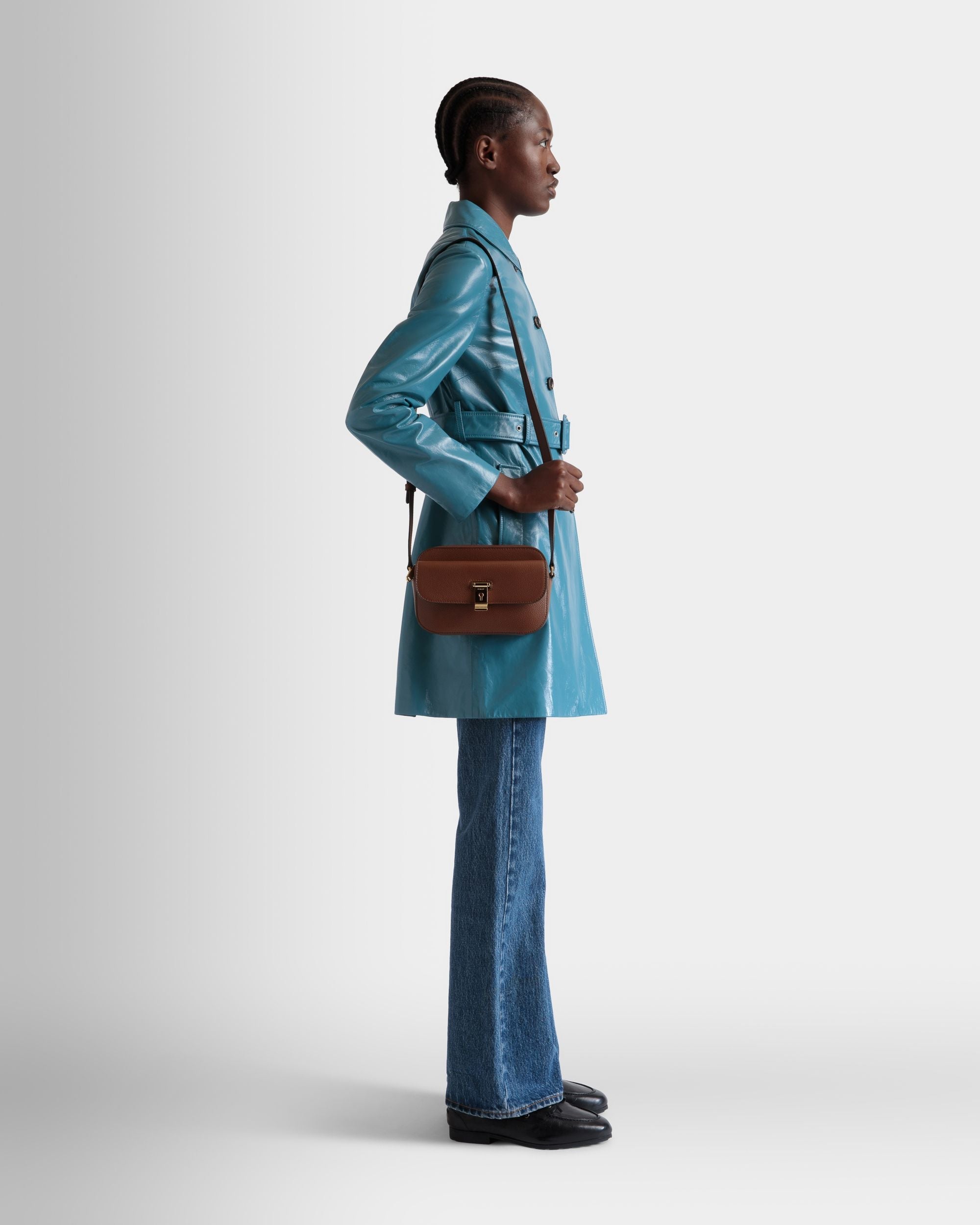 Bally Global - Lock Me Small Crossbody Bag in Brown Grained Leather - Brown