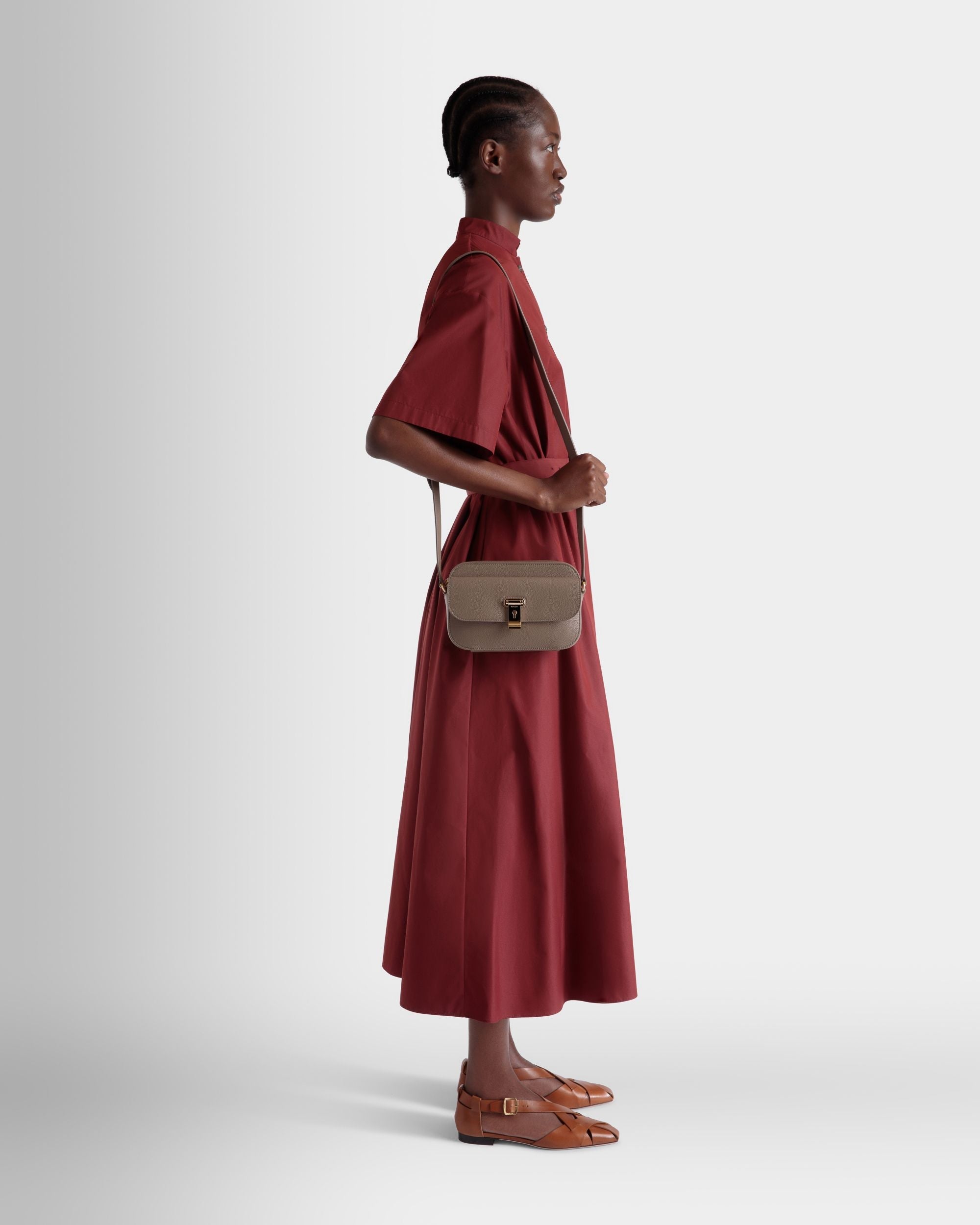 Bally Global - Lock Me Small Crossbody Bag in Taupe Grained Leather - Brown