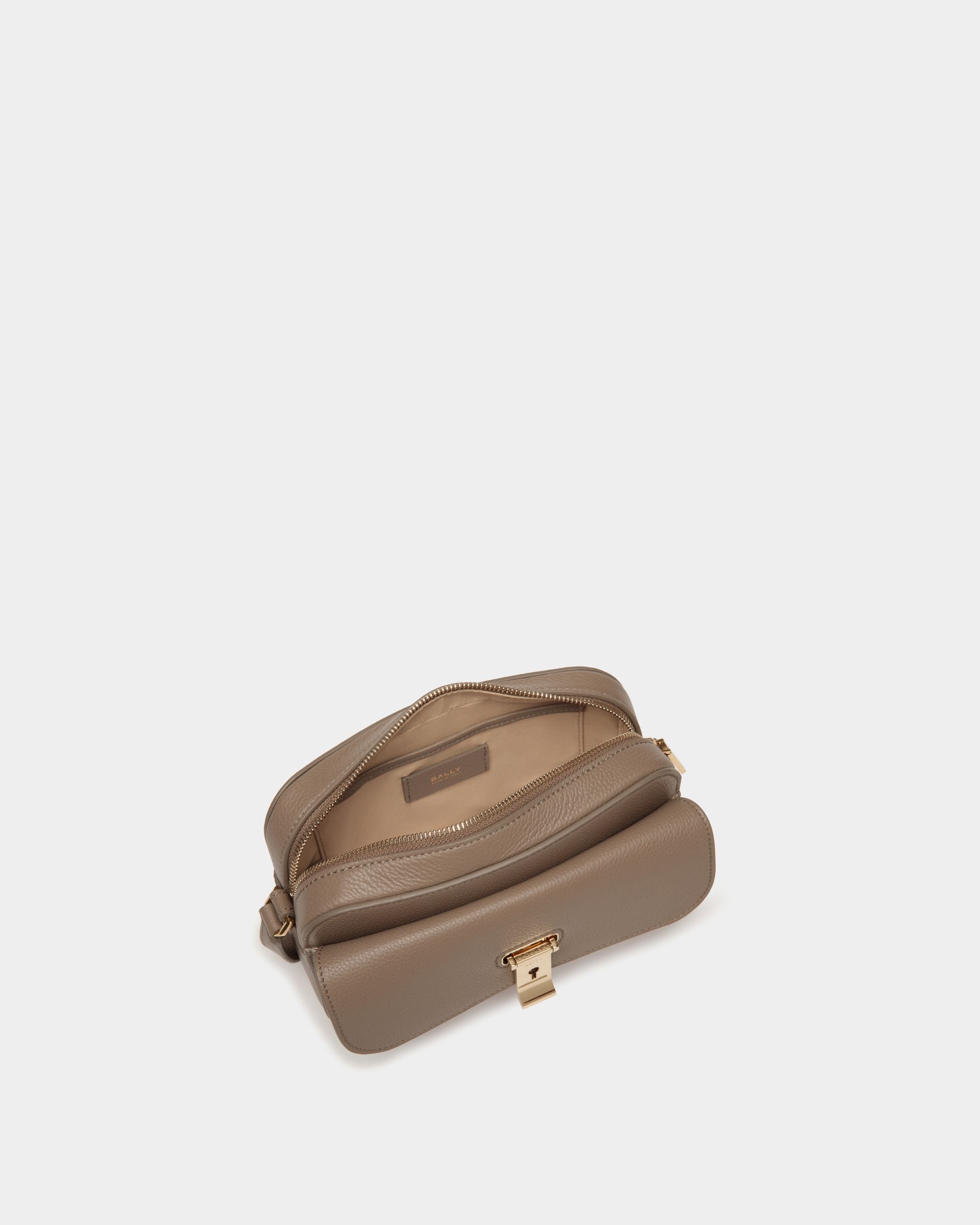 Bally Global - Lock Me Small Crossbody Bag in Taupe Grained Leather - Brown