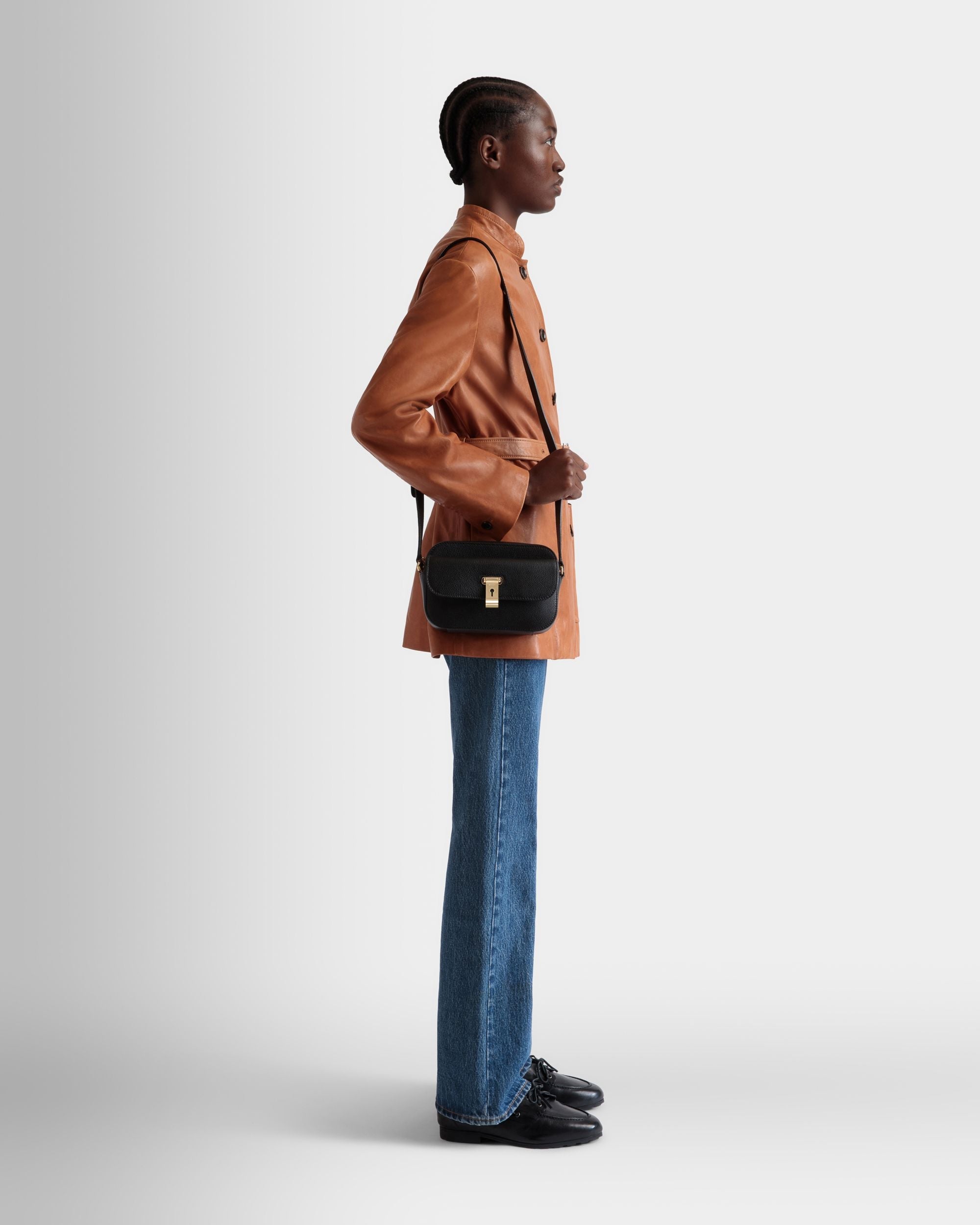 Bally Global - Lock Me Small Crossbody Bag in Black Grained Leather - Black