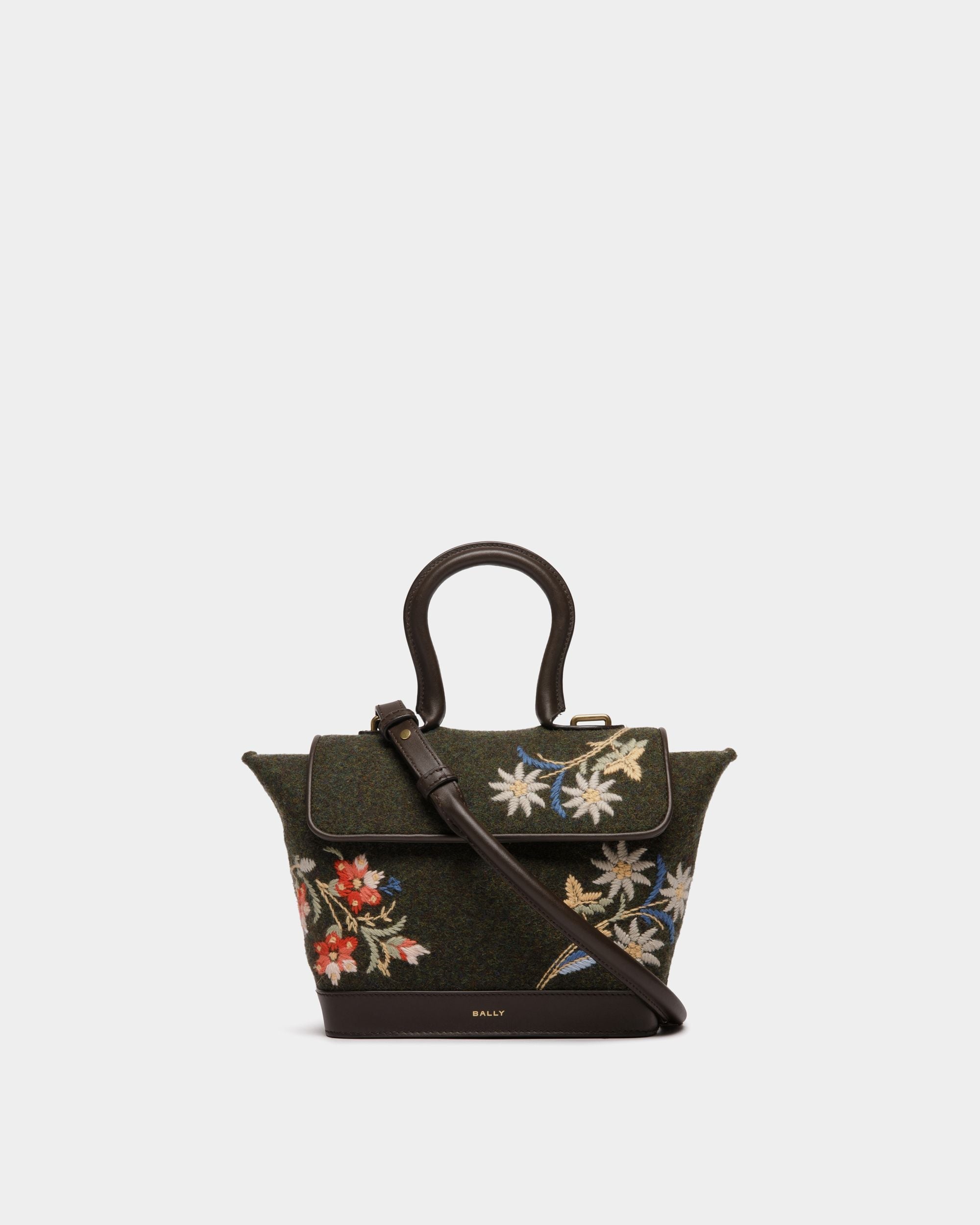 Bally Global - Winter Capsule Top Handle Bag in Dark Green Wool and Ebano Leather With Alpine Flowers - Green