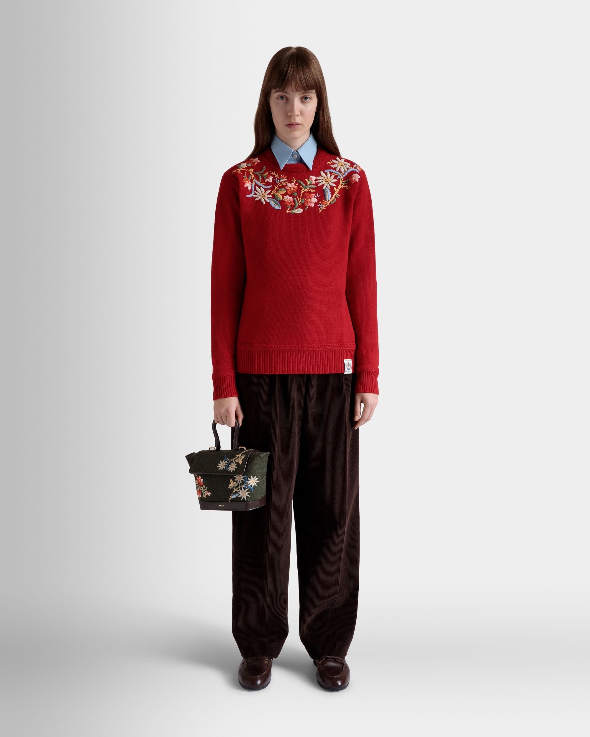 Bally Global - Winter Capsule Top Handle Bag in Dark Green Wool and Ebano Leather With Alpine Flowers - Green