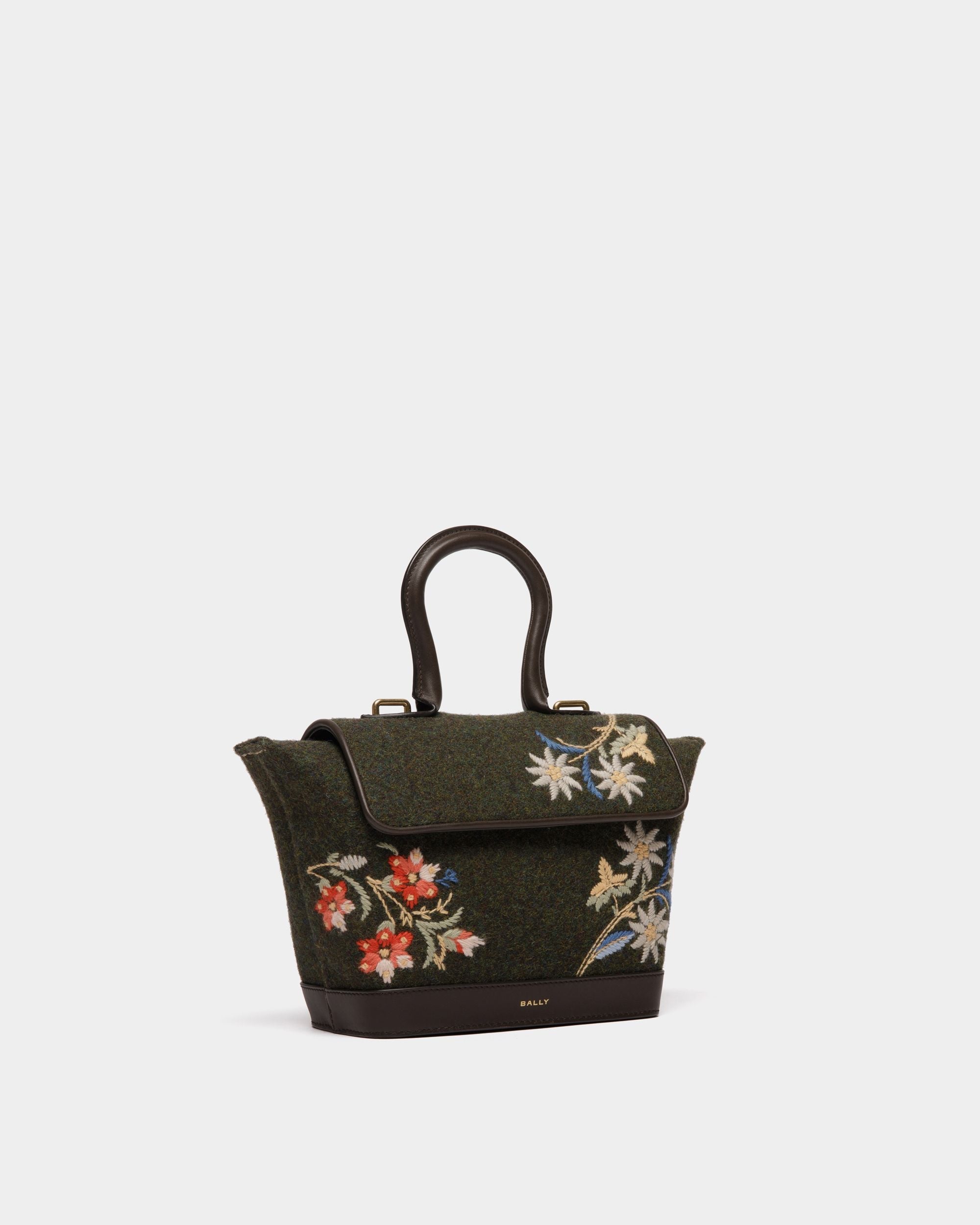 Bally Global - Winter Capsule Top Handle Bag in Dark Green Wool and Ebano Leather With Alpine Flowers - Verde