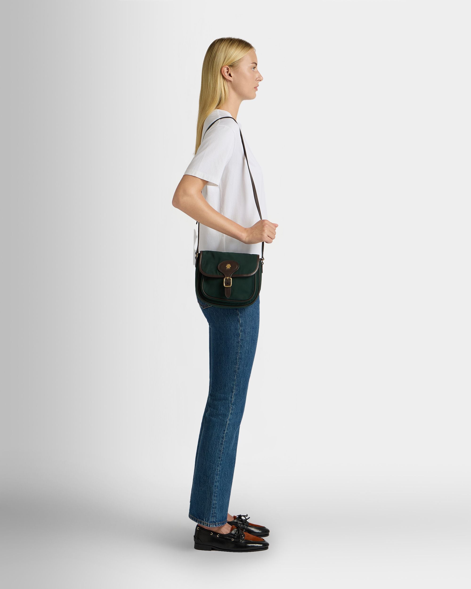 Bally Global - B-Light Small Crossbody Bag in Marble Green Nylon And Ebano Leather - Green