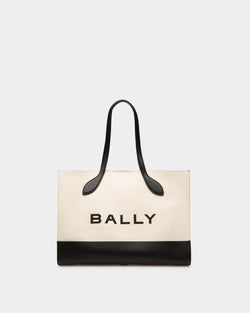 Bolso Tote Bar De Tela Color Natural Y Negro