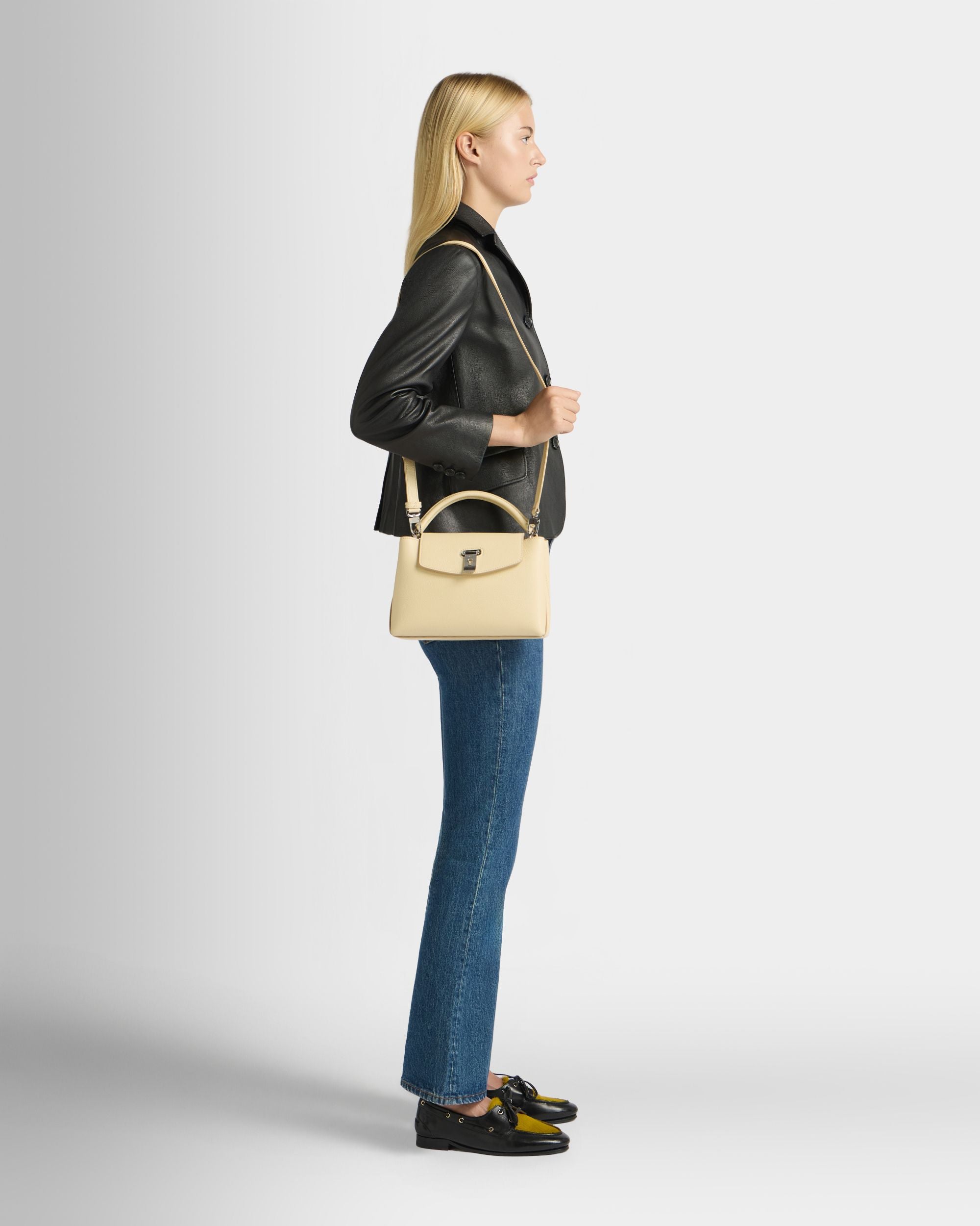 Bally Global - Lock Me Small Top Handle Bag in Ginger Grained Leather - Beige