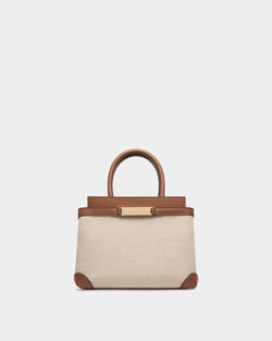 Deco Small Tote Bag in Beige Canvas and Brown Leather