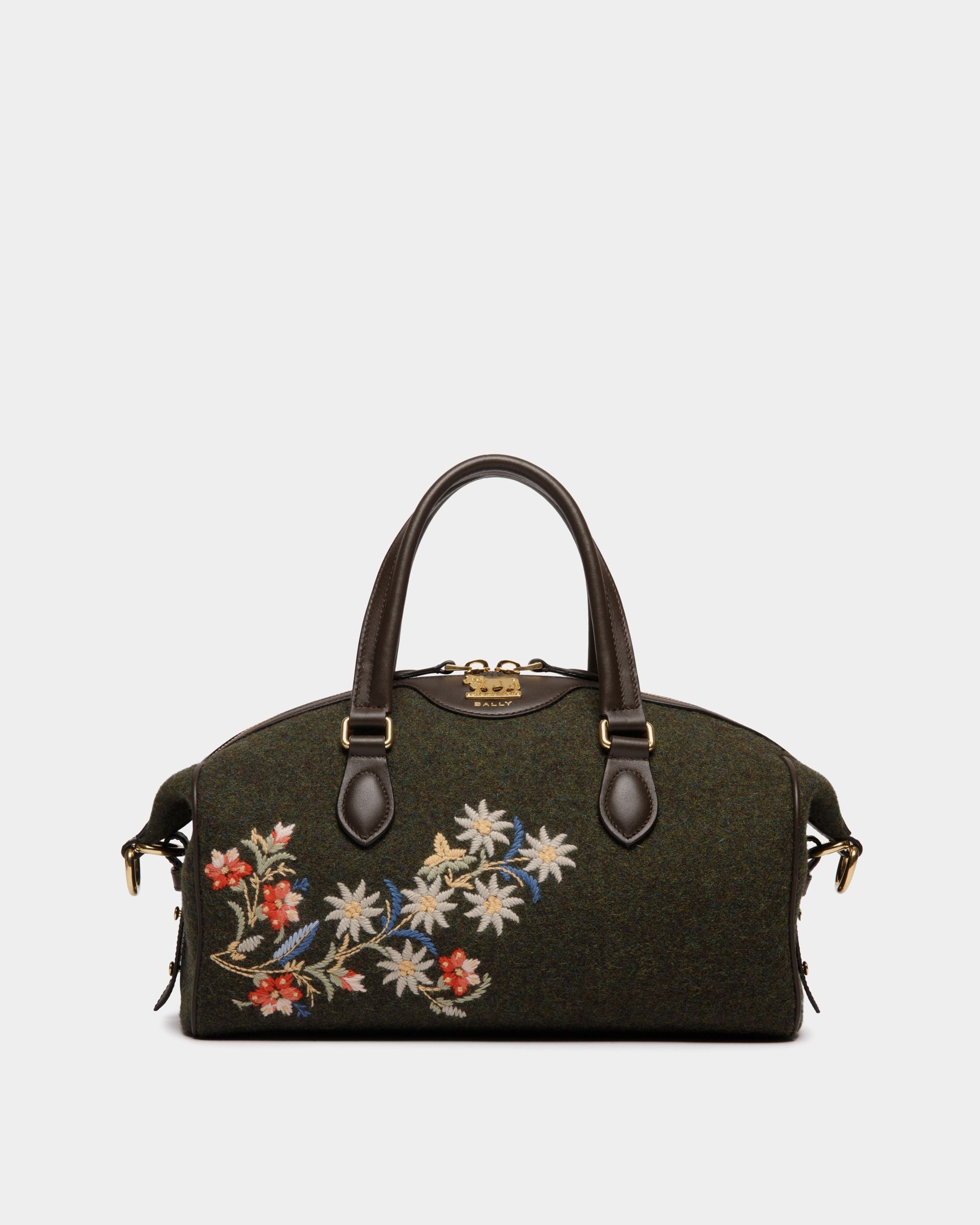 Bally Global - Winter Capsule Top Handle Bag in Dark Green and Ebano Wool and Leather With Alpine Flowers - Green