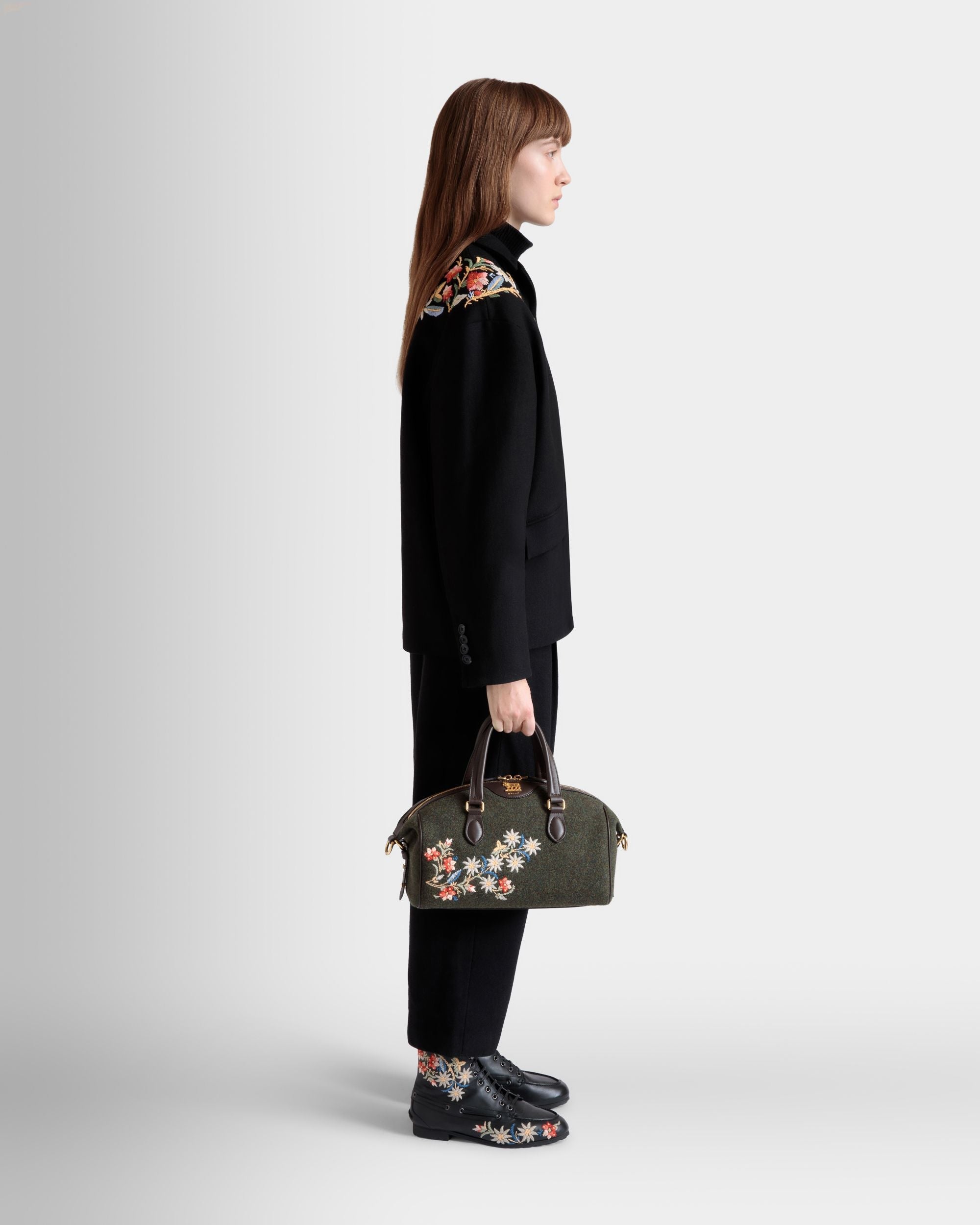 Bally Global - Winter Capsule Top Handle Bag in Dark Green and Ebano Wool and Leather With Alpine Flowers - Green
