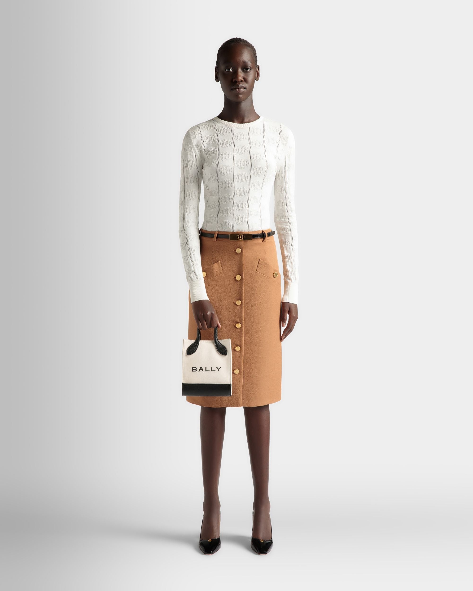 Bally Global - Bar Mini Tote Bag in Neutral And Black Canvas And Leather - White