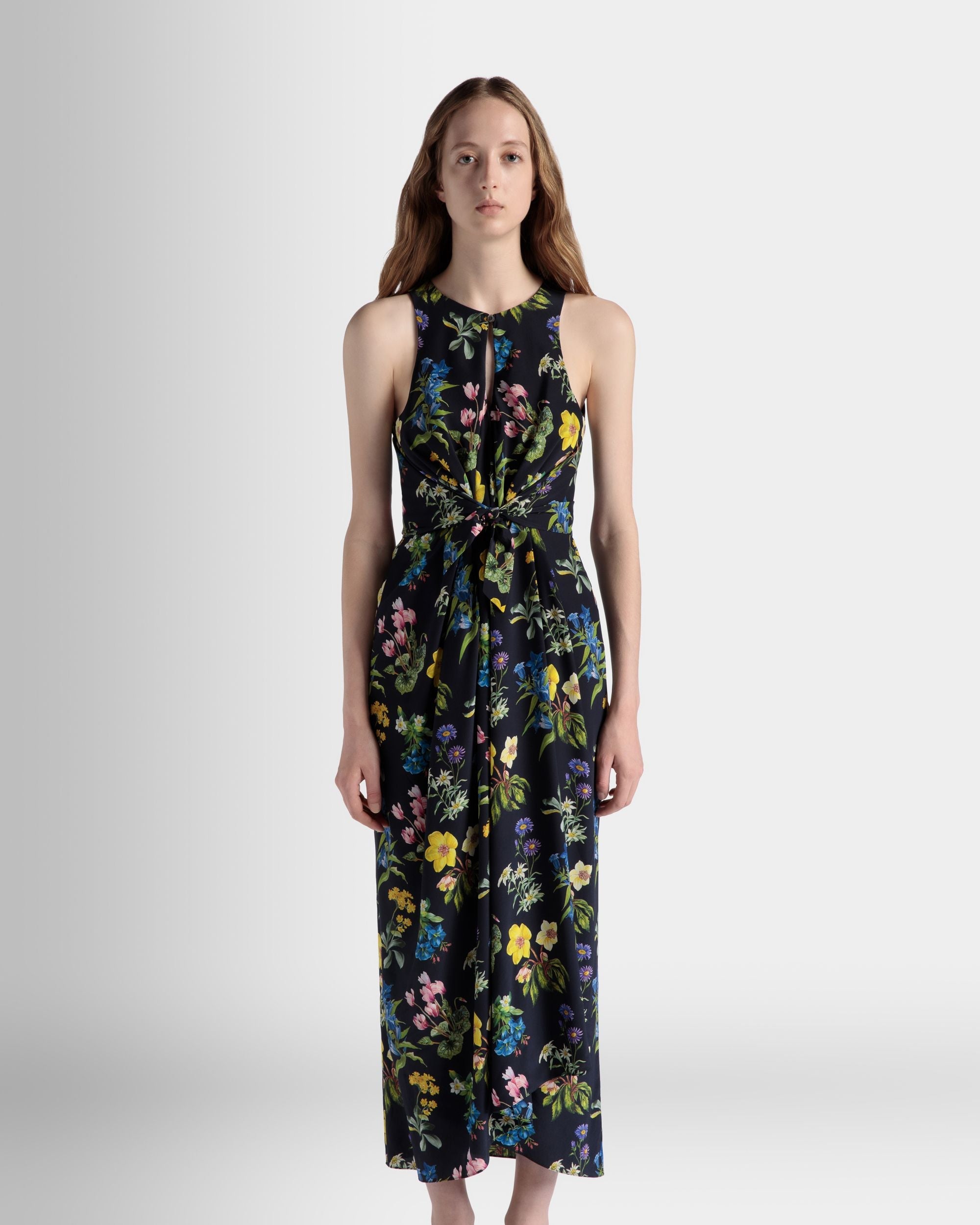 Bally Global - Sleeveless Midi Dress In Mountain Flower Print Silk - Blue