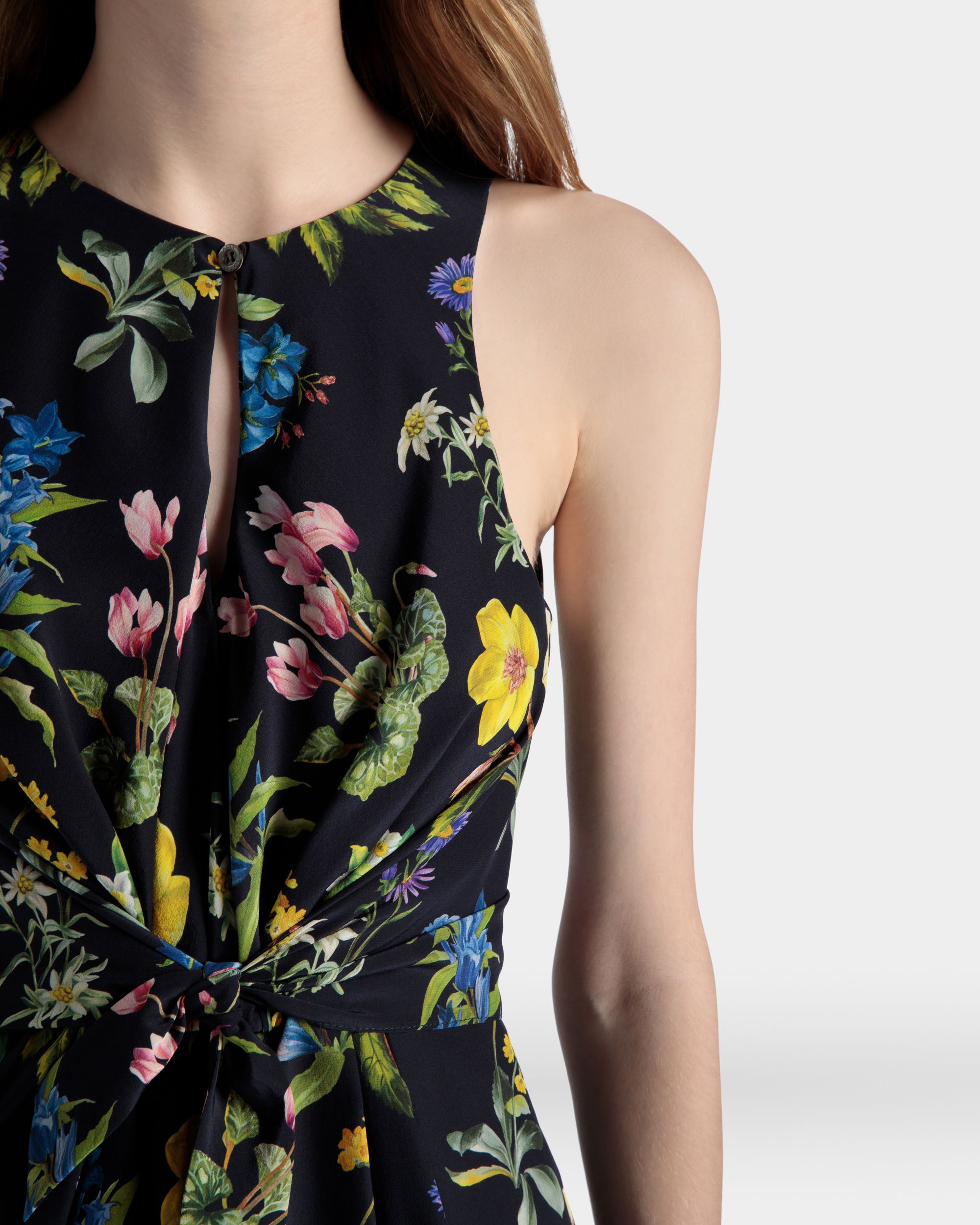Bally Global - Sleeveless Midi Dress In Mountain Flower Print Silk - Blue