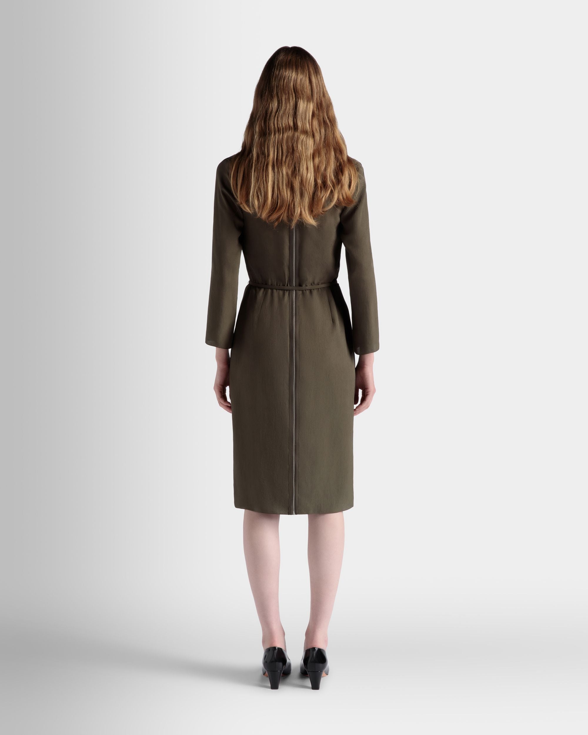 Bally Global - Belted Midi Dress In Military Green Fluid Twill - Green