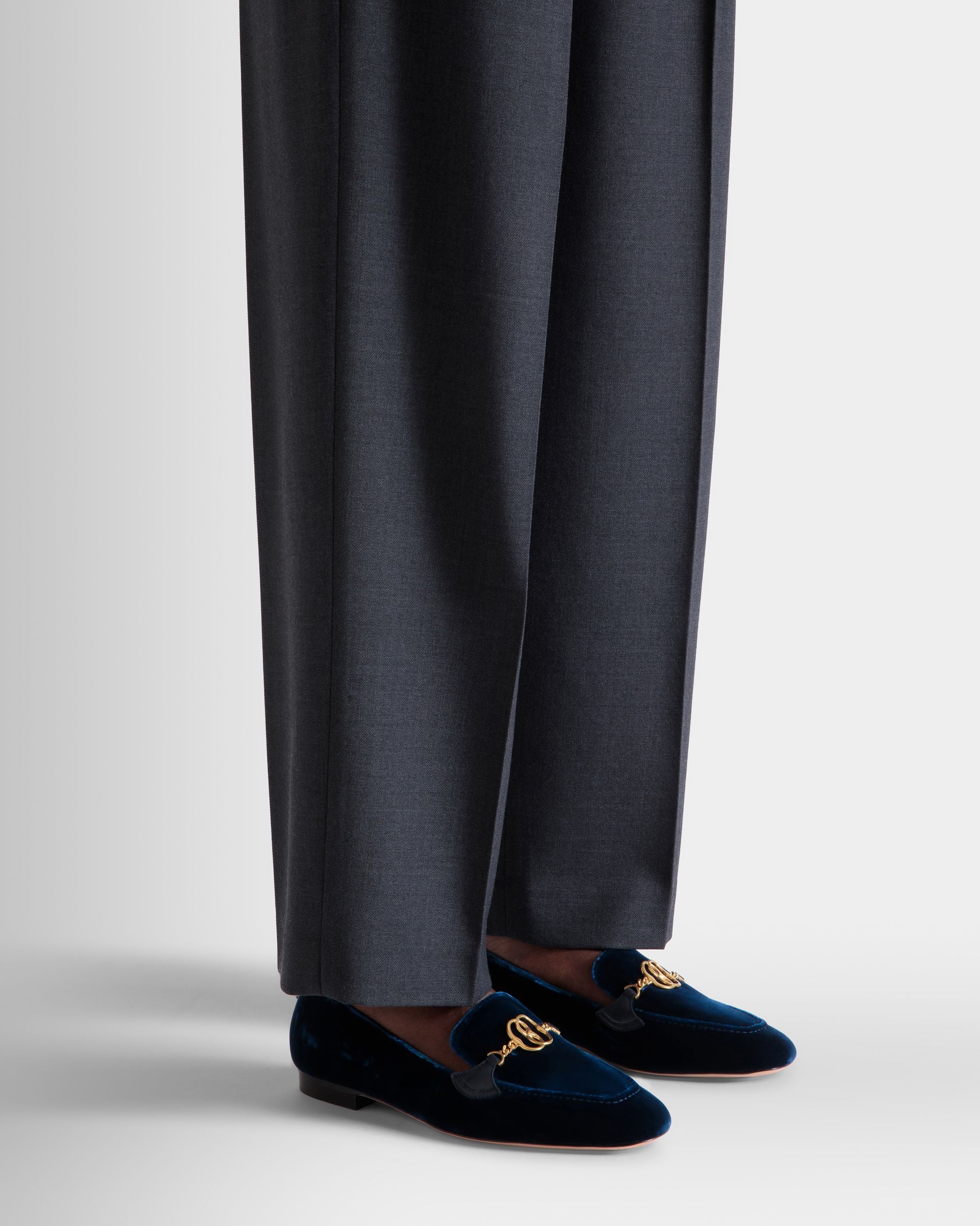 Bally Global - Daily Emblem Loafer in Navy Blue Velvet Fabric - Blue