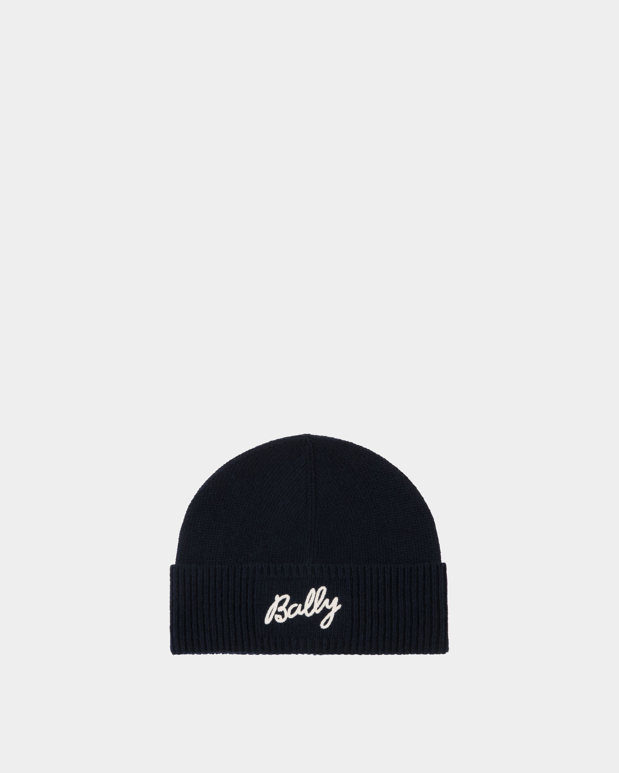 Bally Global - Beanie With Logo In Navy Blue Wool - Blue