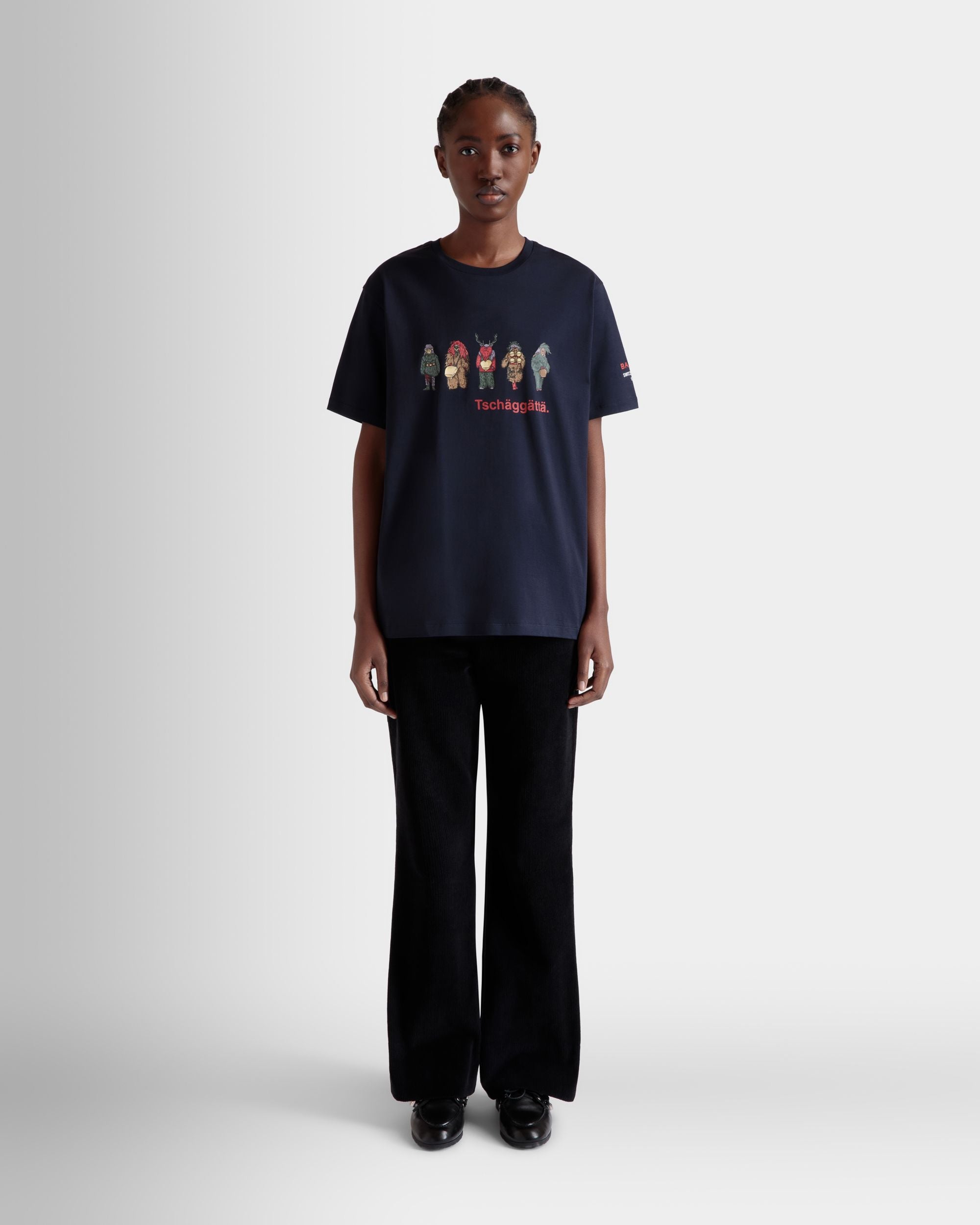 Bally Global - T-Shirt With Forest Mask Prints In Navy Blue Cotton - Bleu