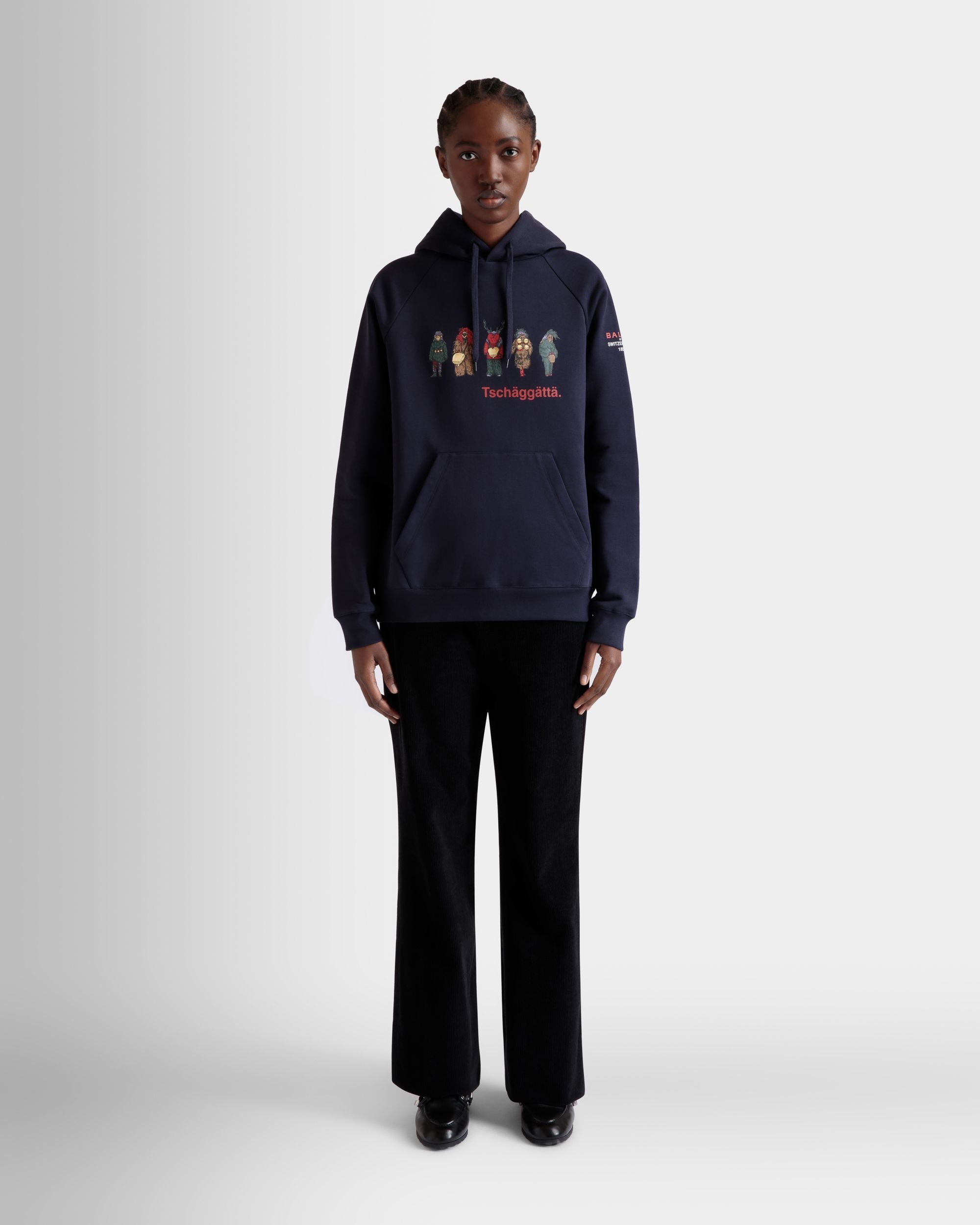 Bally Global - Hoodie with Forest Mask Print In Navy Blue Cotton - Azul