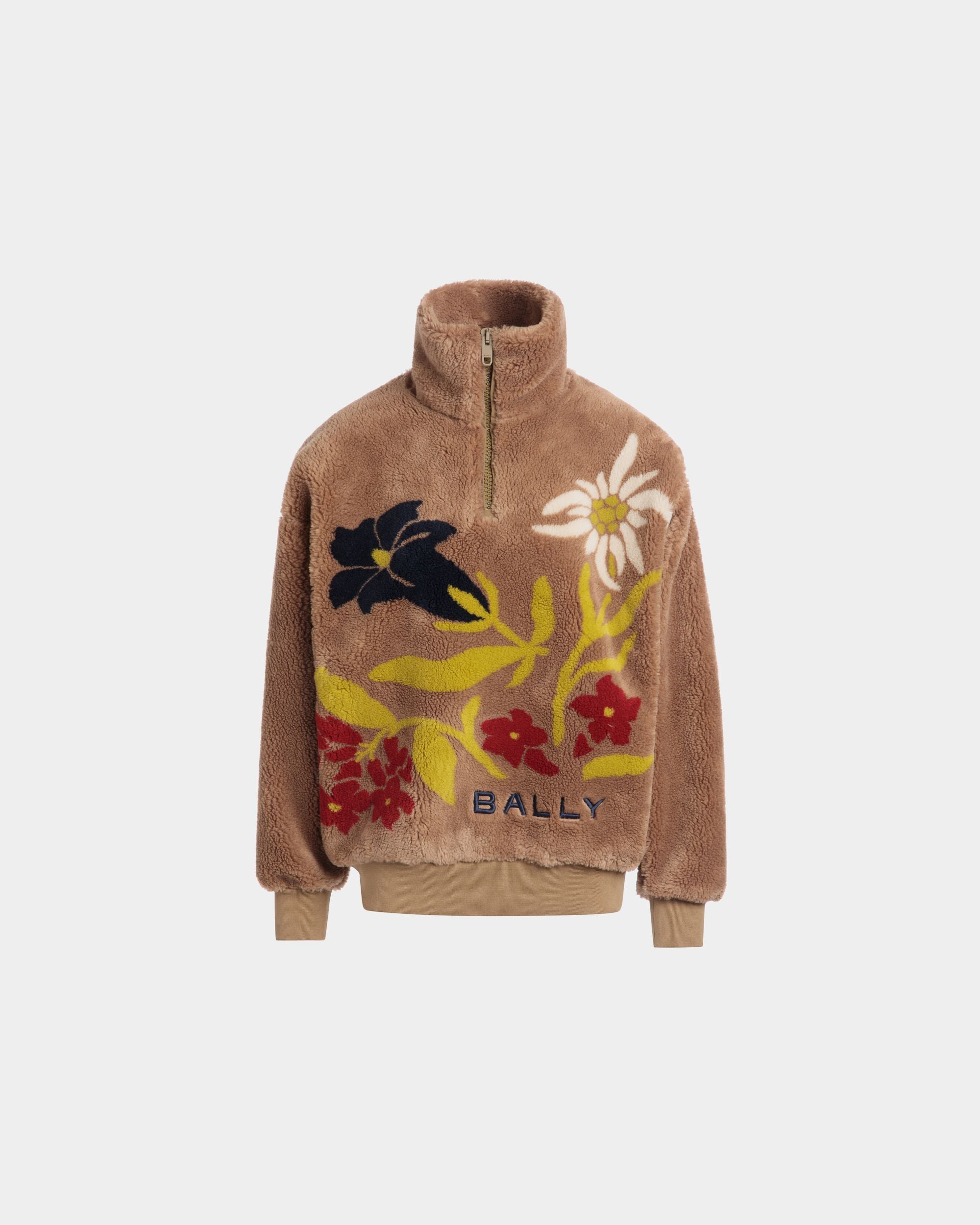 Bally Global - Winter Capsule Half Zip Sweatshirt With Alpine Flowers in Camel Fleece - Beige