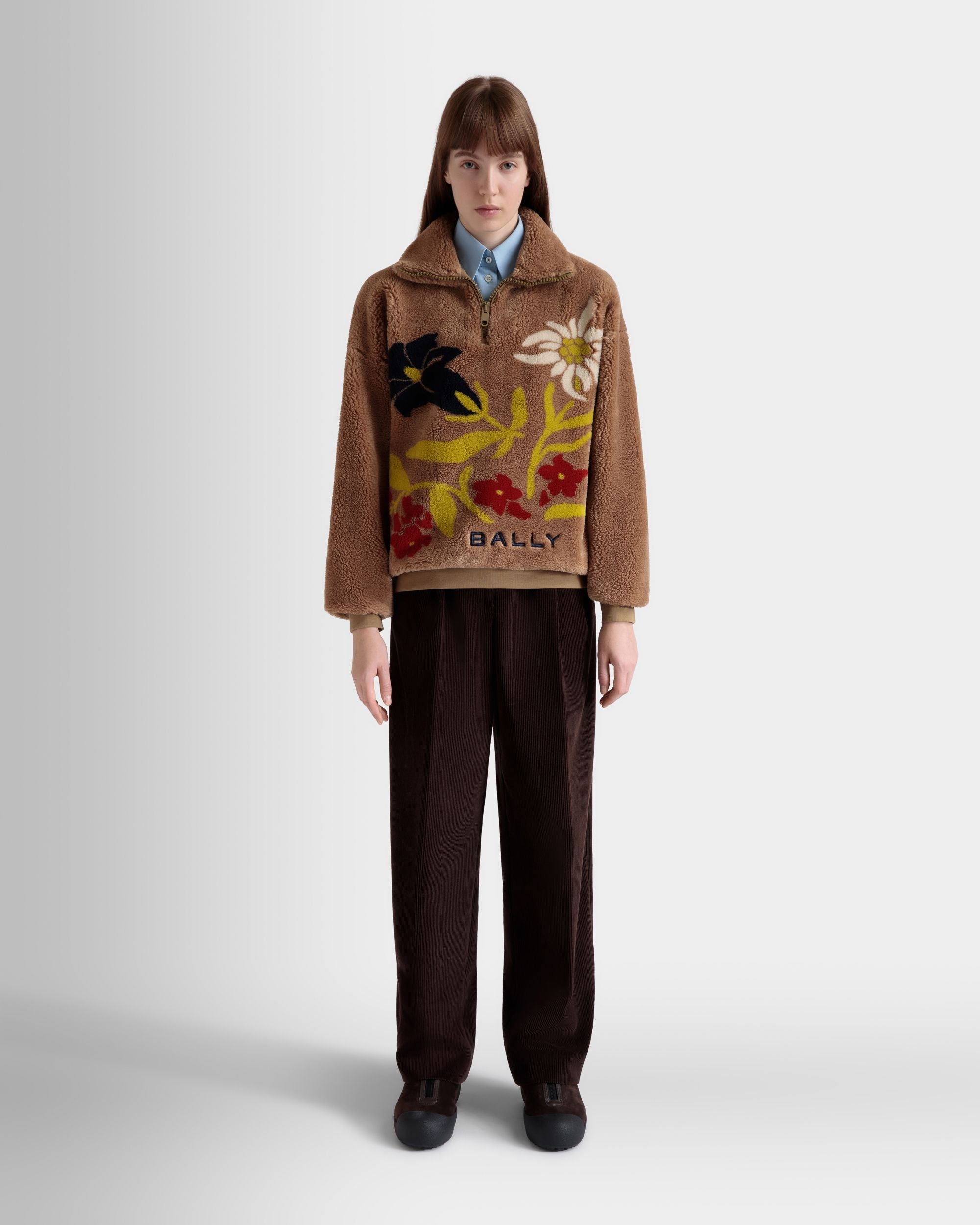 Bally Global - Winter Capsule Half Zip Sweatshirt With Alpine Flowers in Camel Fleece - Beige