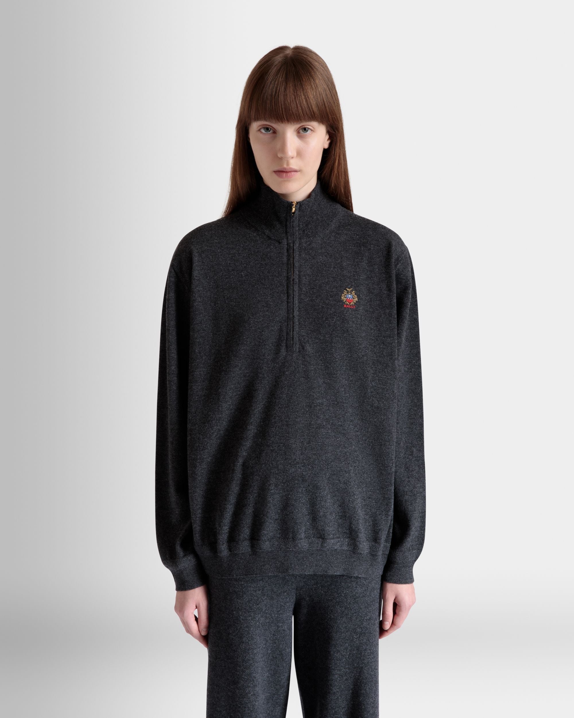Bally Global - Half Zip Sweater In Dark Grey Wool And Cashmere - Grey