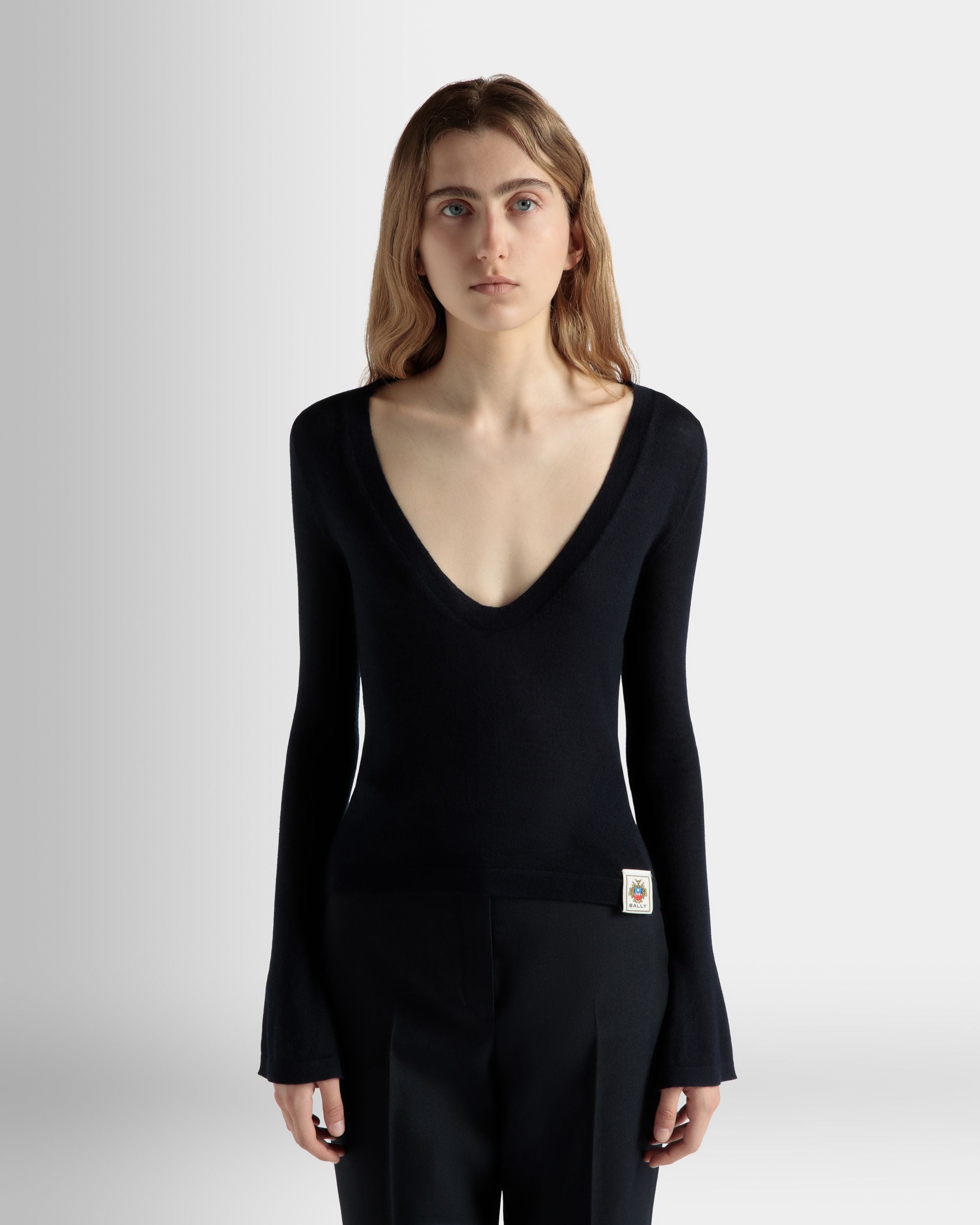 Bally Global - V-Neck Knit Top in Navy Blue Cashmere - Blue