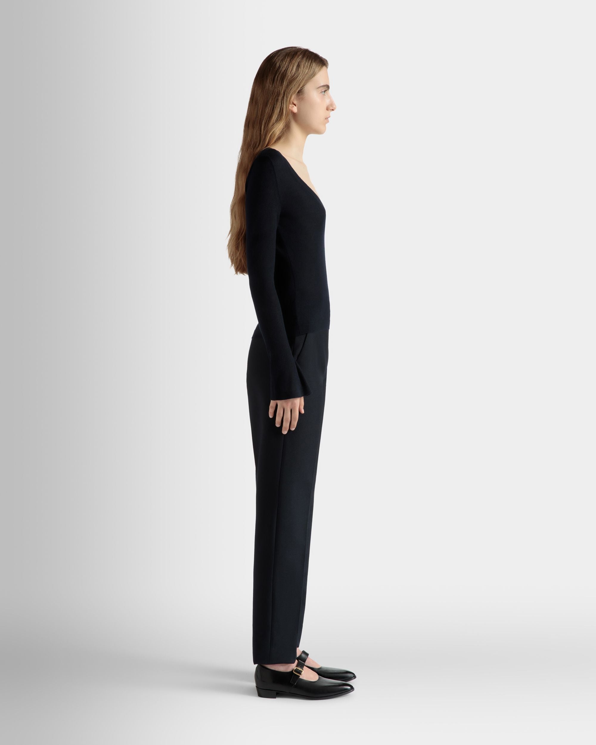 Bally Global - V-Neck Knit Top in Navy Blue Cashmere - Blue