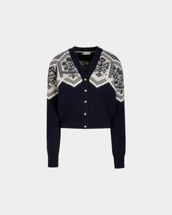 Winter Capsule Cardigan With a Heritage Flower in Navy Blue Wool