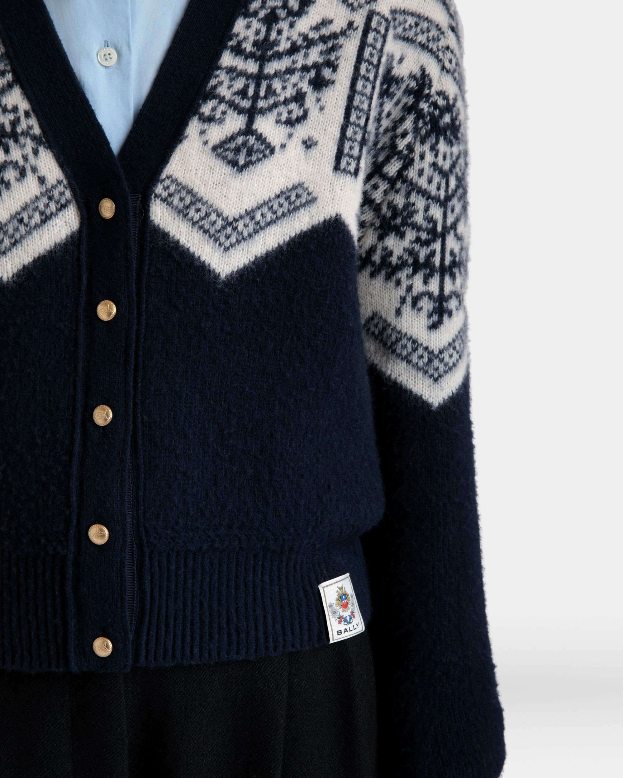 Bally Global - Winter Capsule Cardigan With a Heritage Flower in Navy Blue Wool - Blue