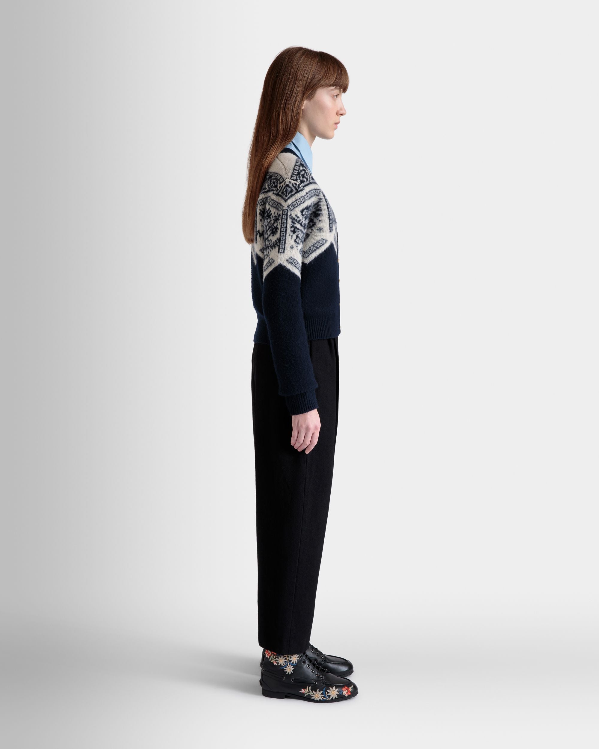 Bally Global - Winter Capsule Cardigan With a Heritage Flower in Navy Blue Wool - Blue