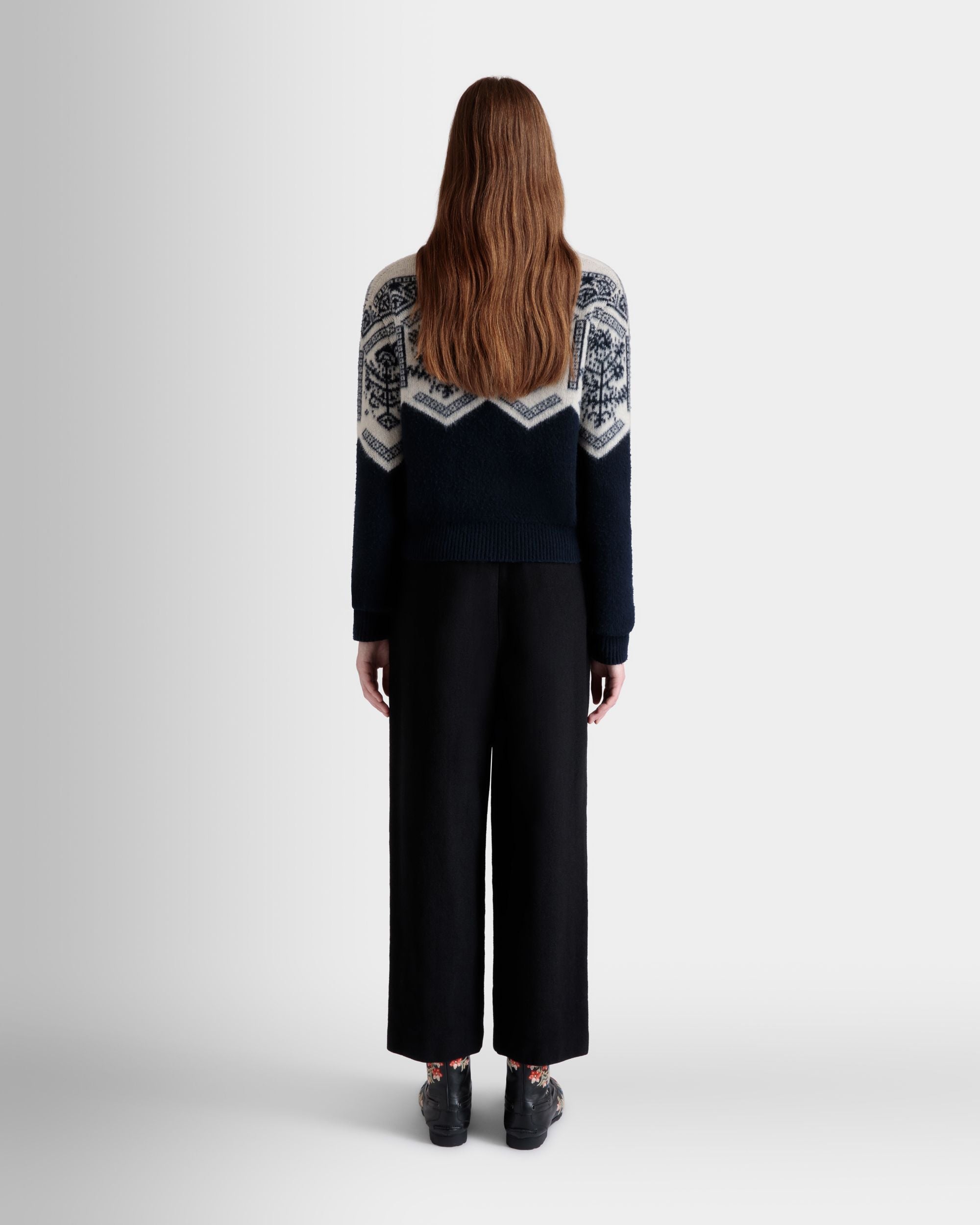 Bally Global - Winter Capsule Cardigan With a Heritage Flower in Navy Blue Wool - Blue