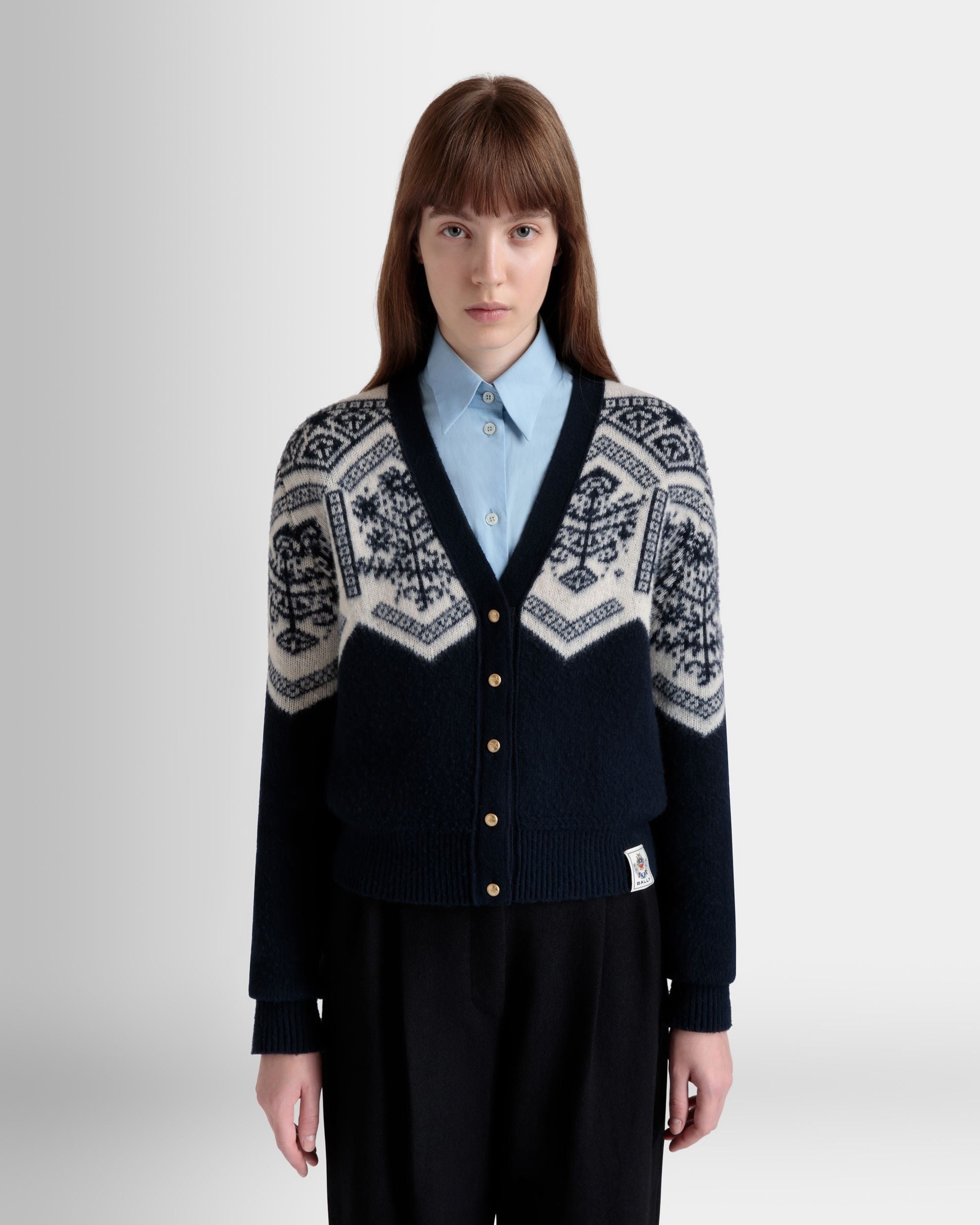 Bally Global - Winter Capsule Cardigan With a Heritage Flower in Navy Blue Wool - Blue