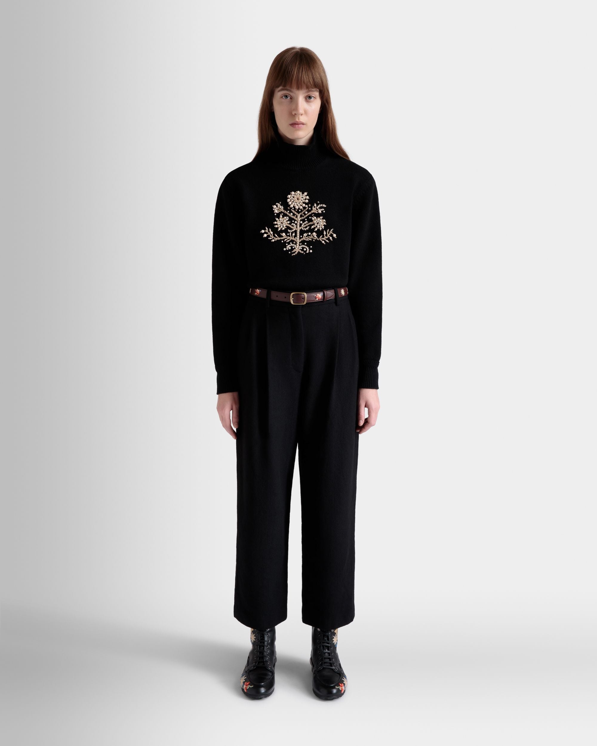 Bally Global - Winter Capsule Turtleneck Sweater with a Heritage Flower in Black Wool - Black