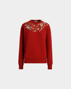 Winter Capsule Crewneck Sweater With Alpine Flowers in Red Wool