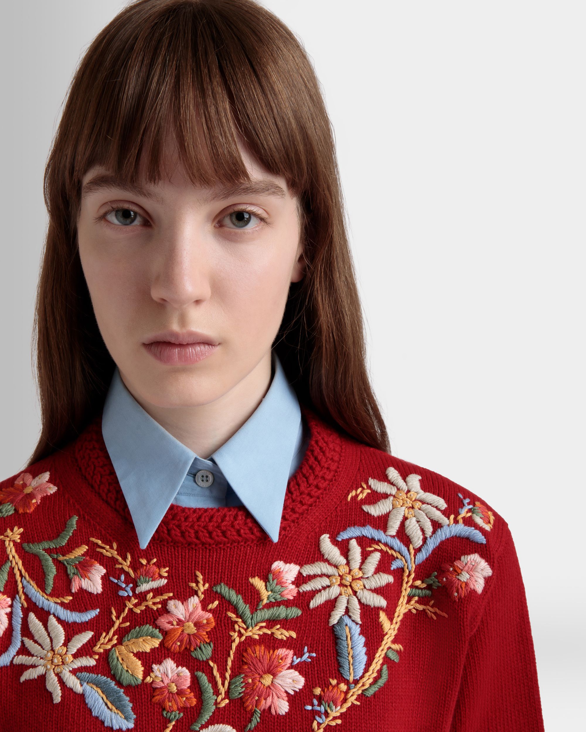 Bally Global - Winter Capsule Crewneck Sweater With Alpine Flowers in Red Wool - Rojo