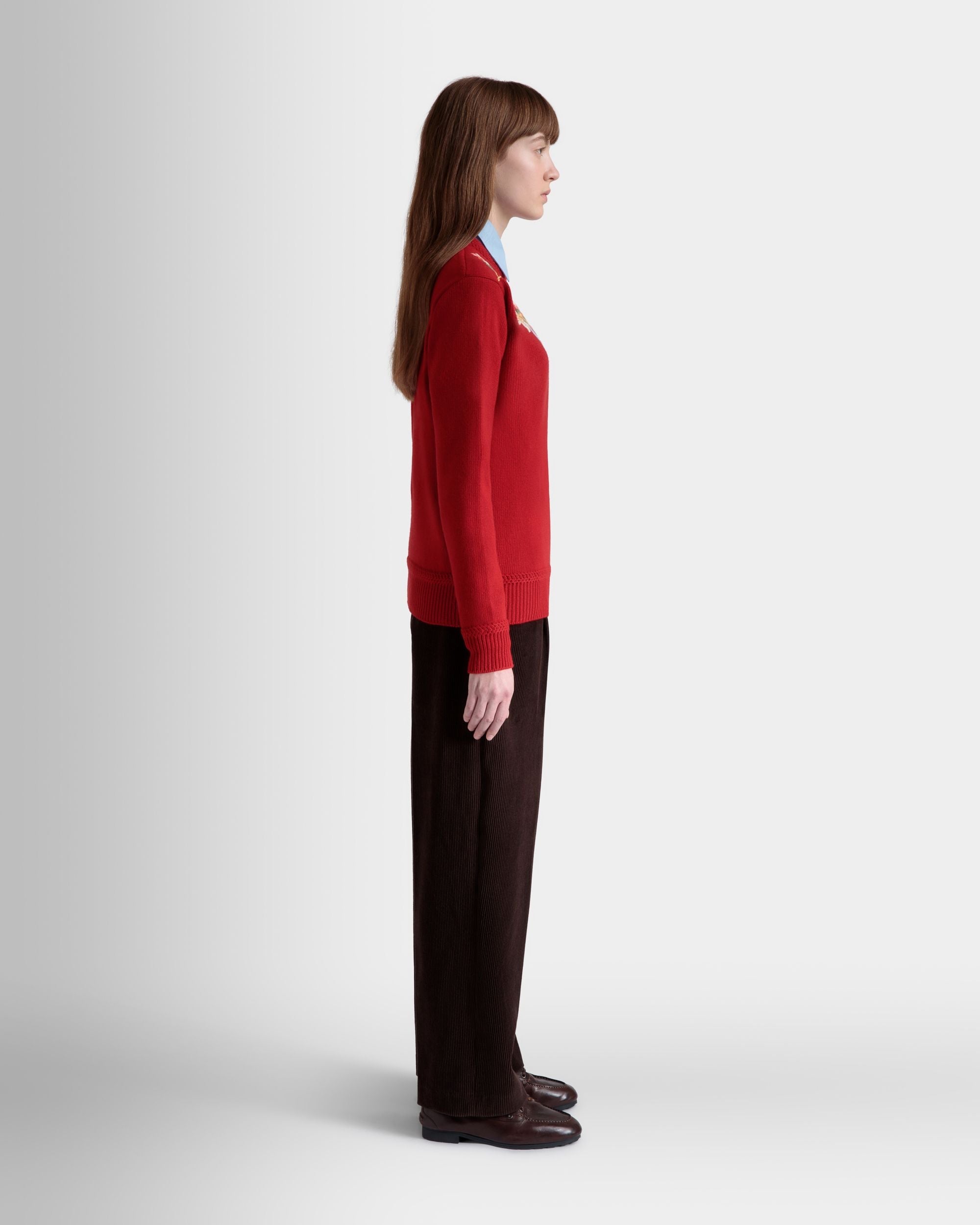 Bally Global - Winter Capsule Crewneck Sweater With Alpine Flowers in Red Wool - Rojo