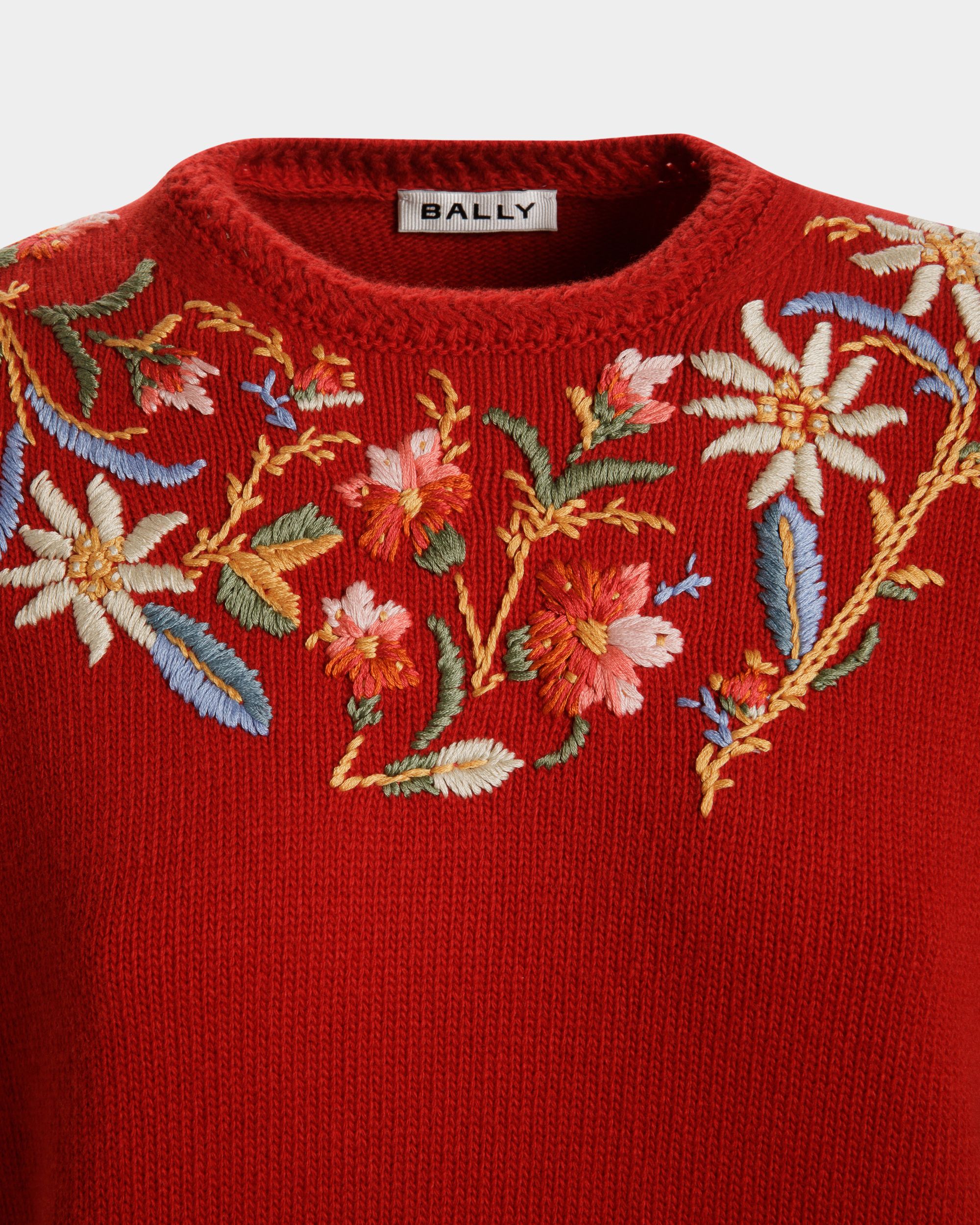 Bally Global - Winter Capsule Crewneck Sweater With Alpine Flowers in Red Wool - Rojo