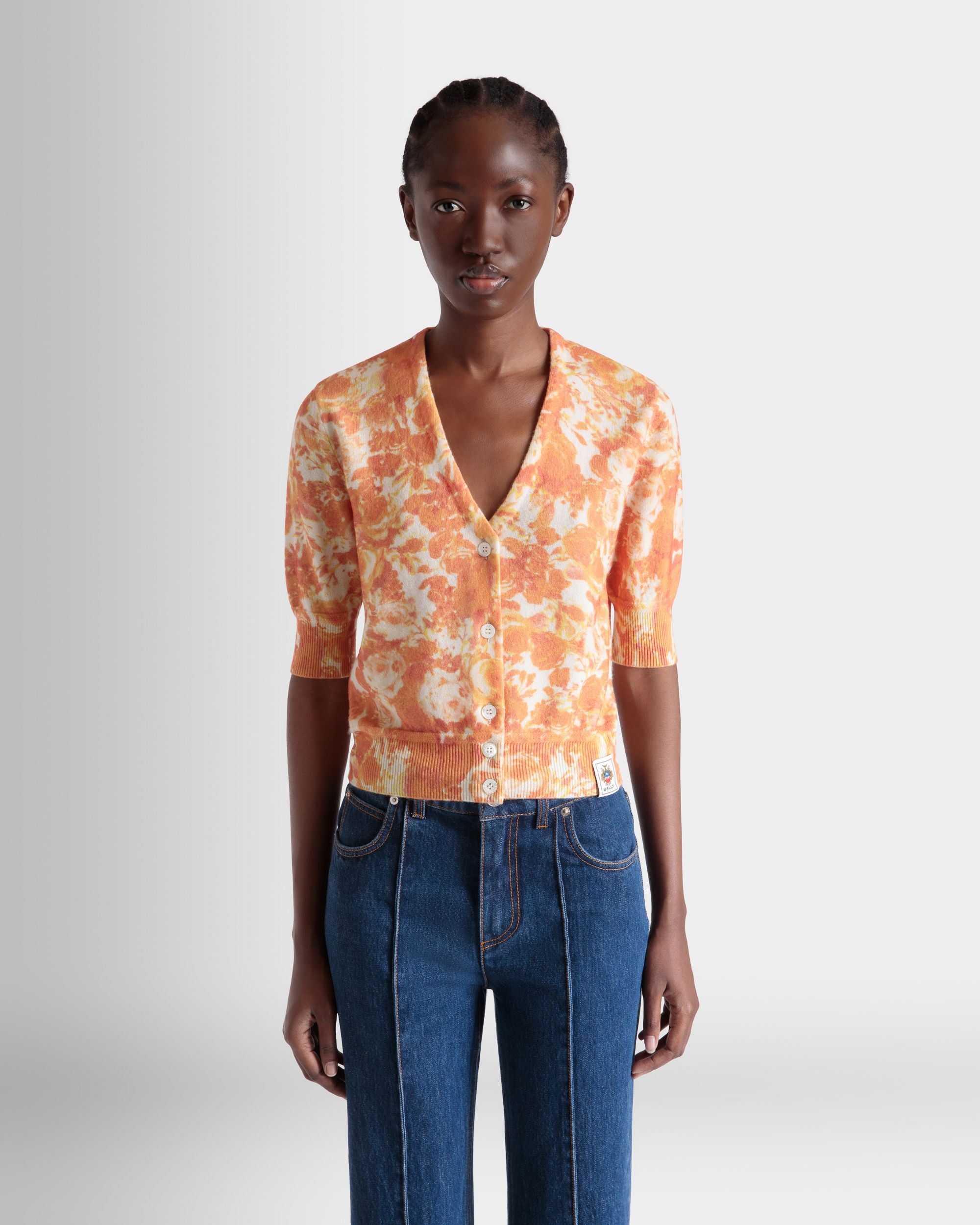 Bally Global - Cardigan with a Rosengarten Print in Koi Orange Cashmere - Orange