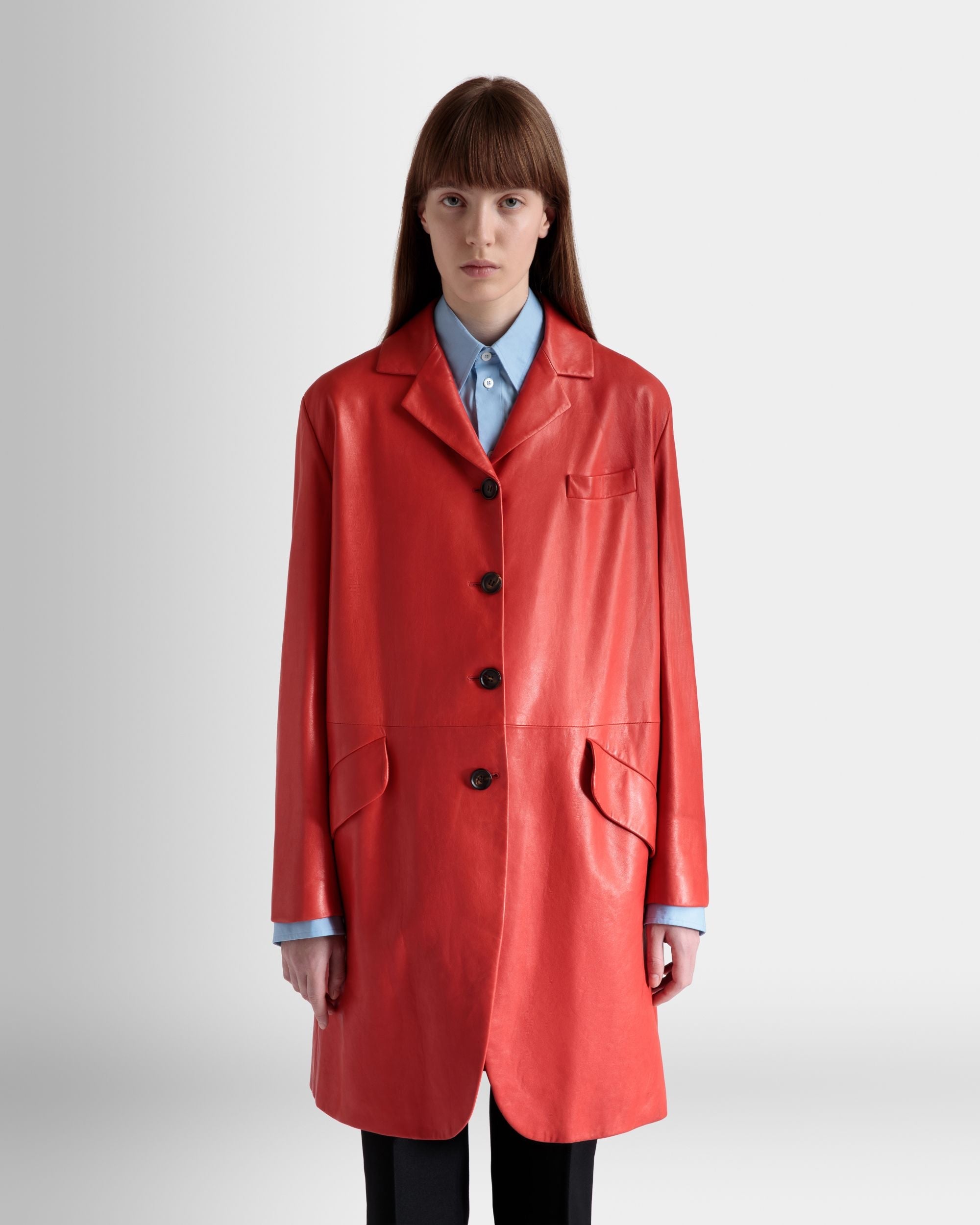 Bally Global - Single-Breasted Midi Coat In Candy Red Leather - Red