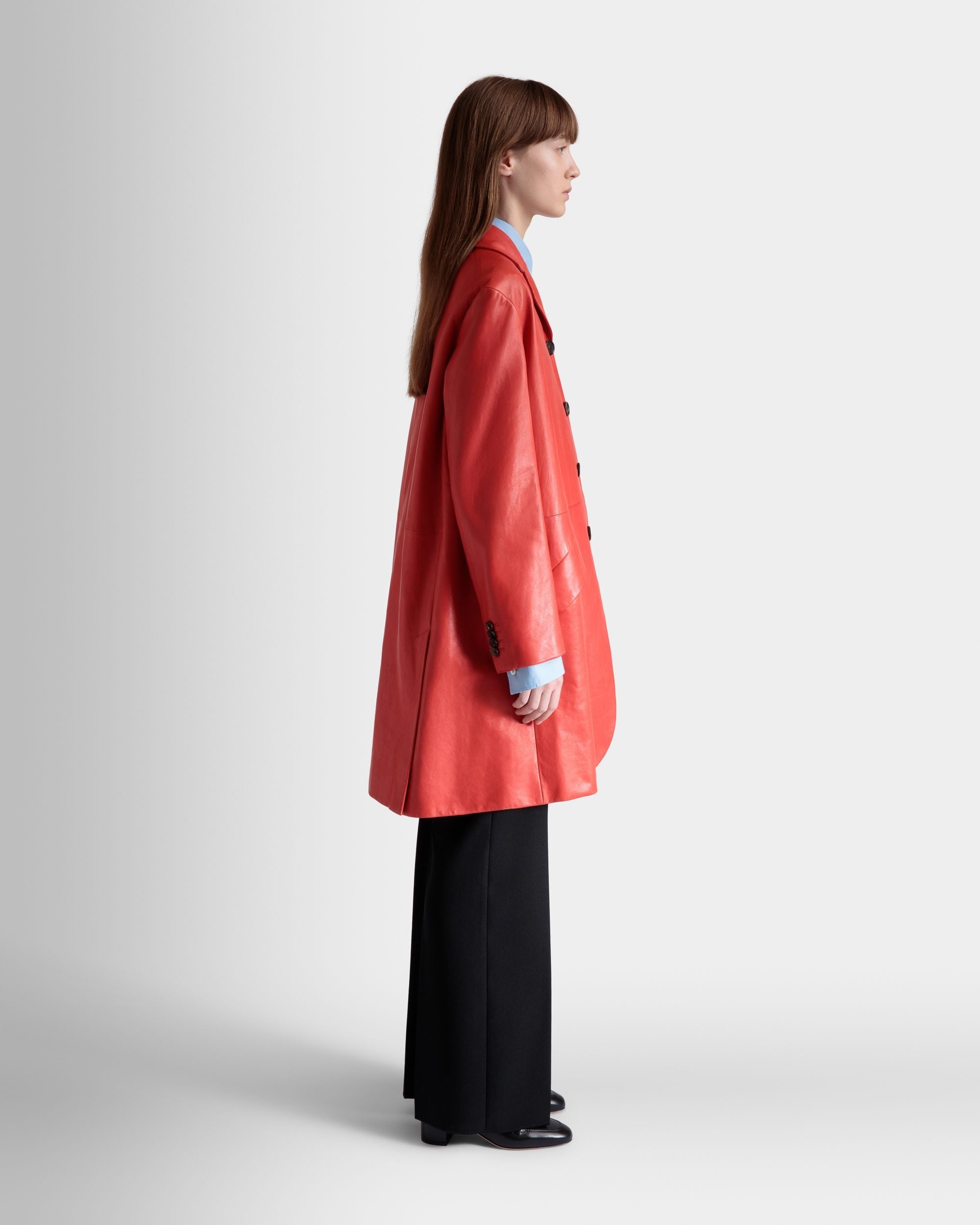 Bally Global - Single-Breasted Midi Coat In Candy Red Leather - Red