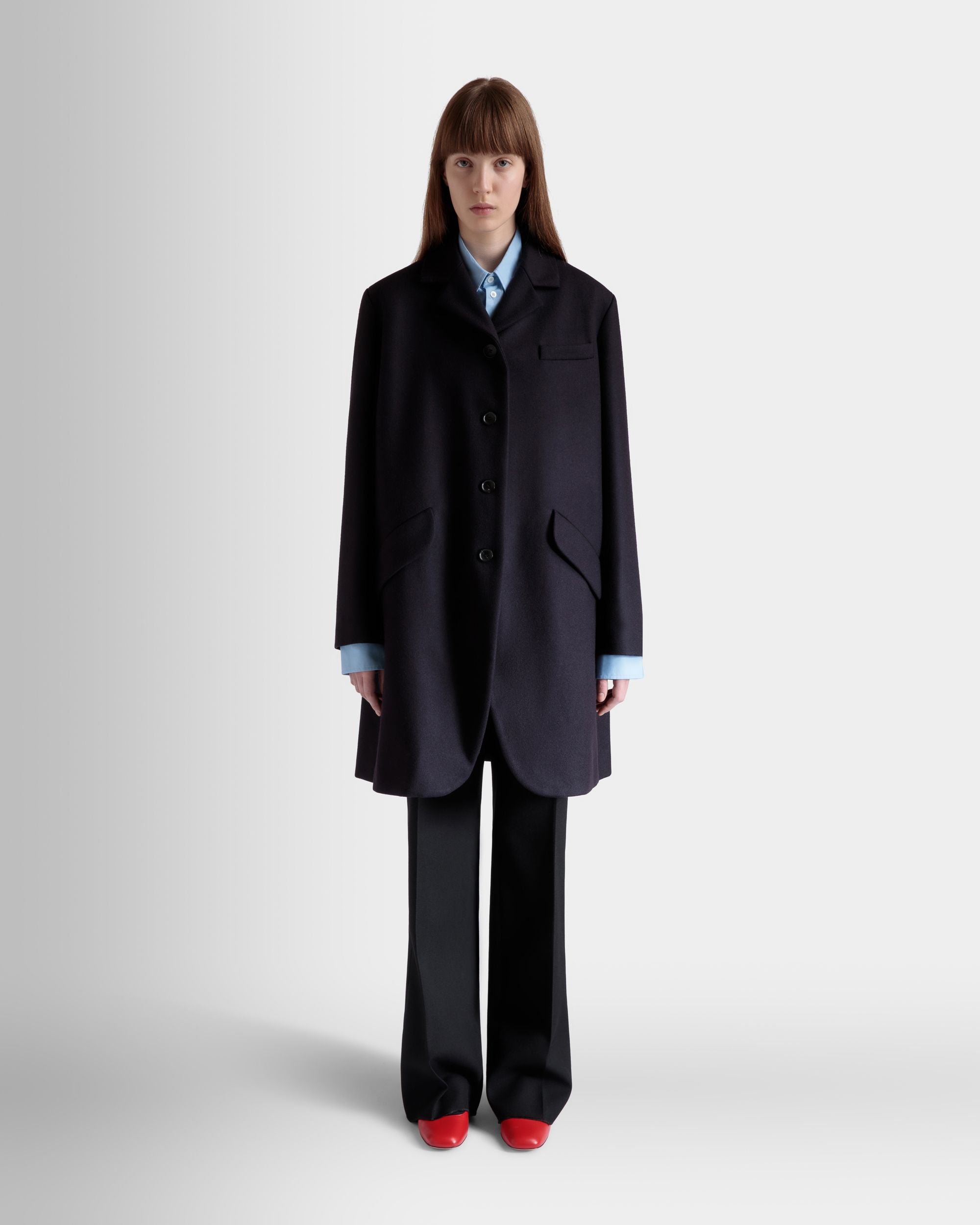 Bally Global - Single-Breasted Midi Coat In a Navy Blue Wool Blend - Blue