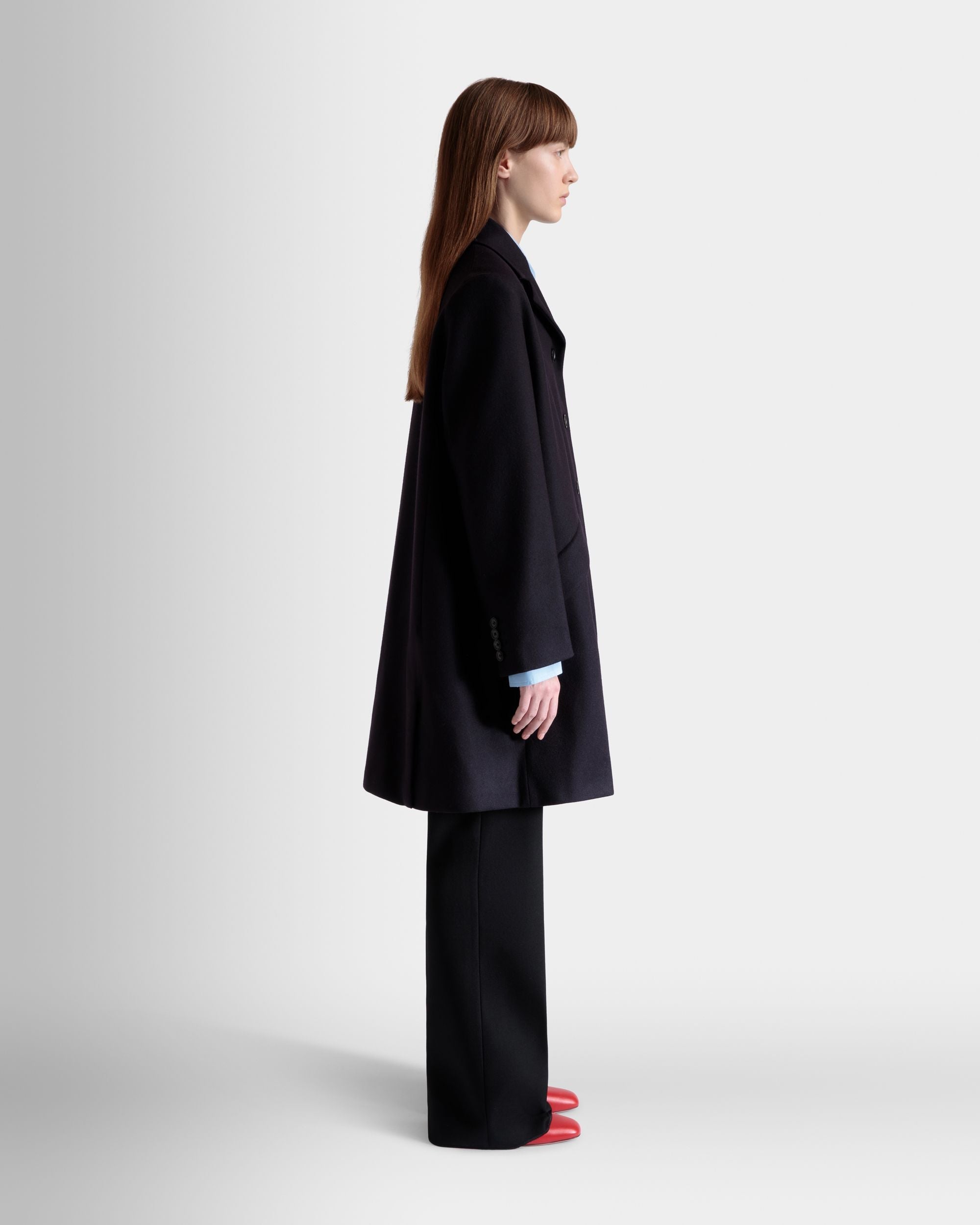 Bally Global - Manteau Midi Droit En Laine Mélangée Navy Blue - Bleu