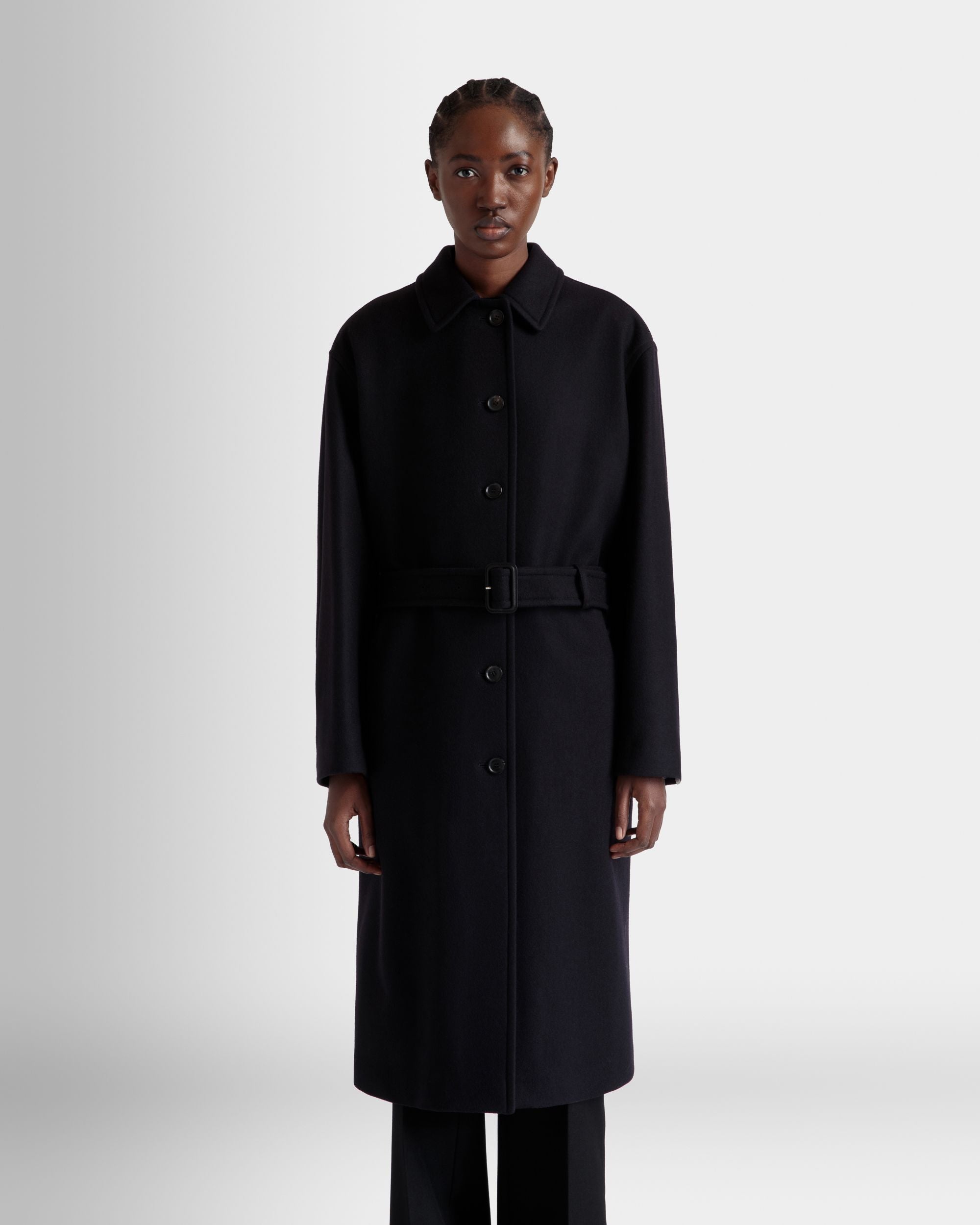 Bally Global - Belted Coat In Navy Blue Wool Blend - Blue