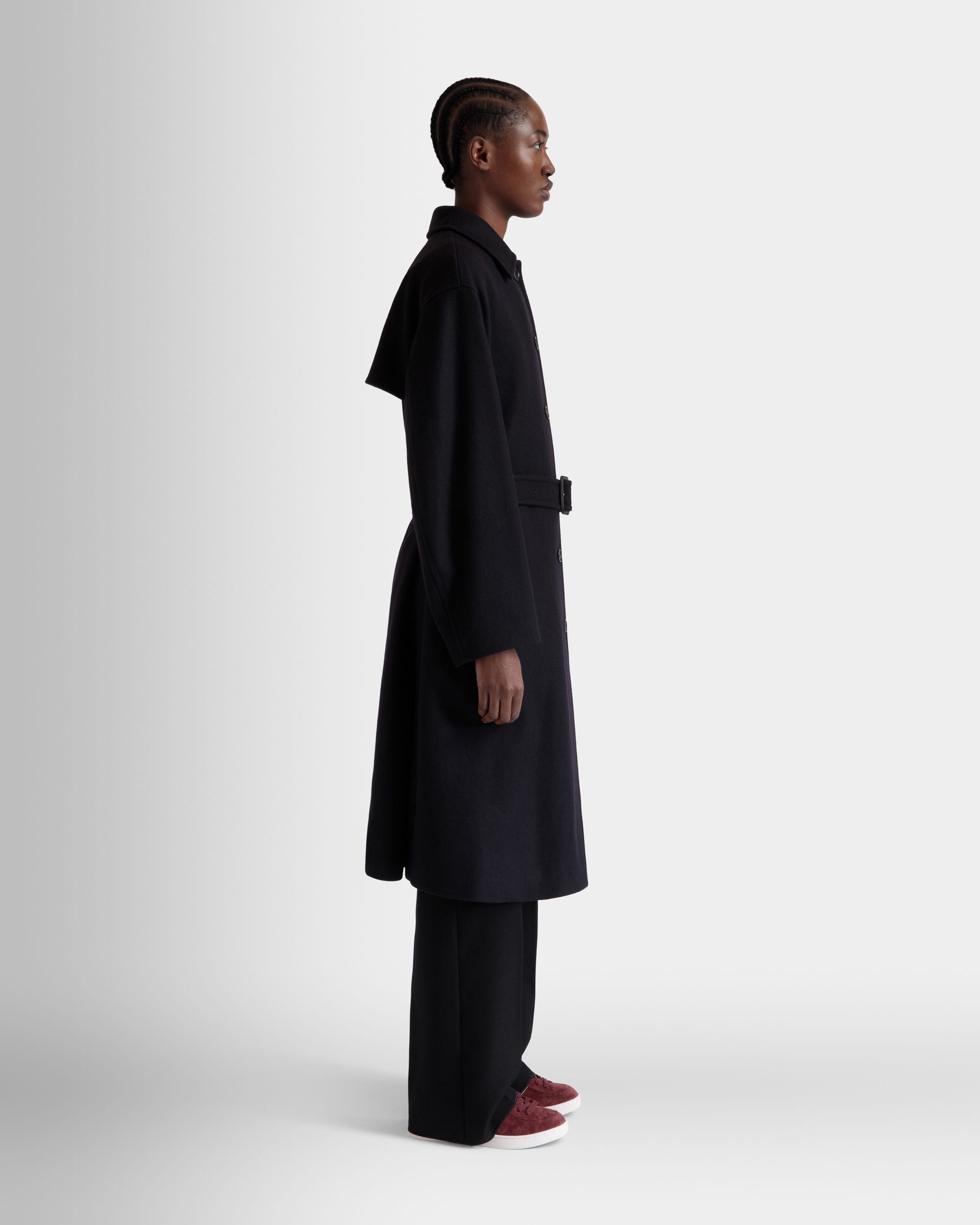 Bally Global - Belted Coat In Navy Blue Wool Blend - Blue
