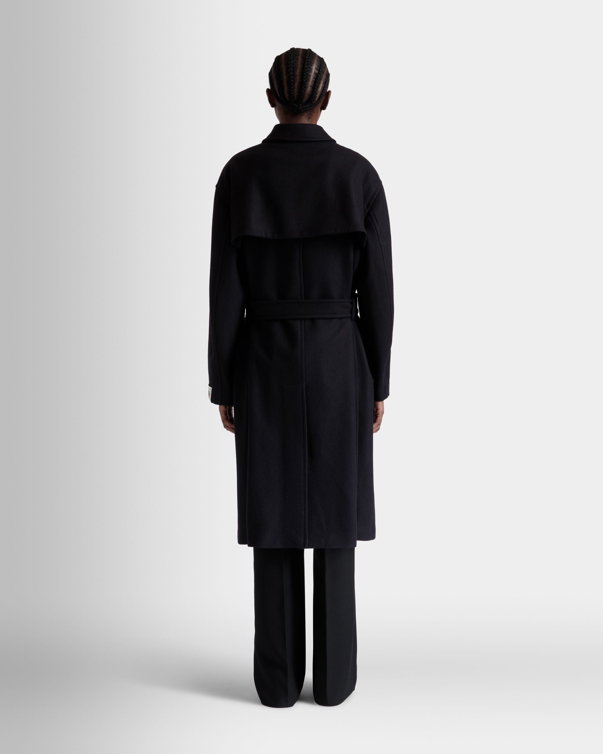 Bally Global - Belted Coat In Navy Blue Wool Blend - Blue