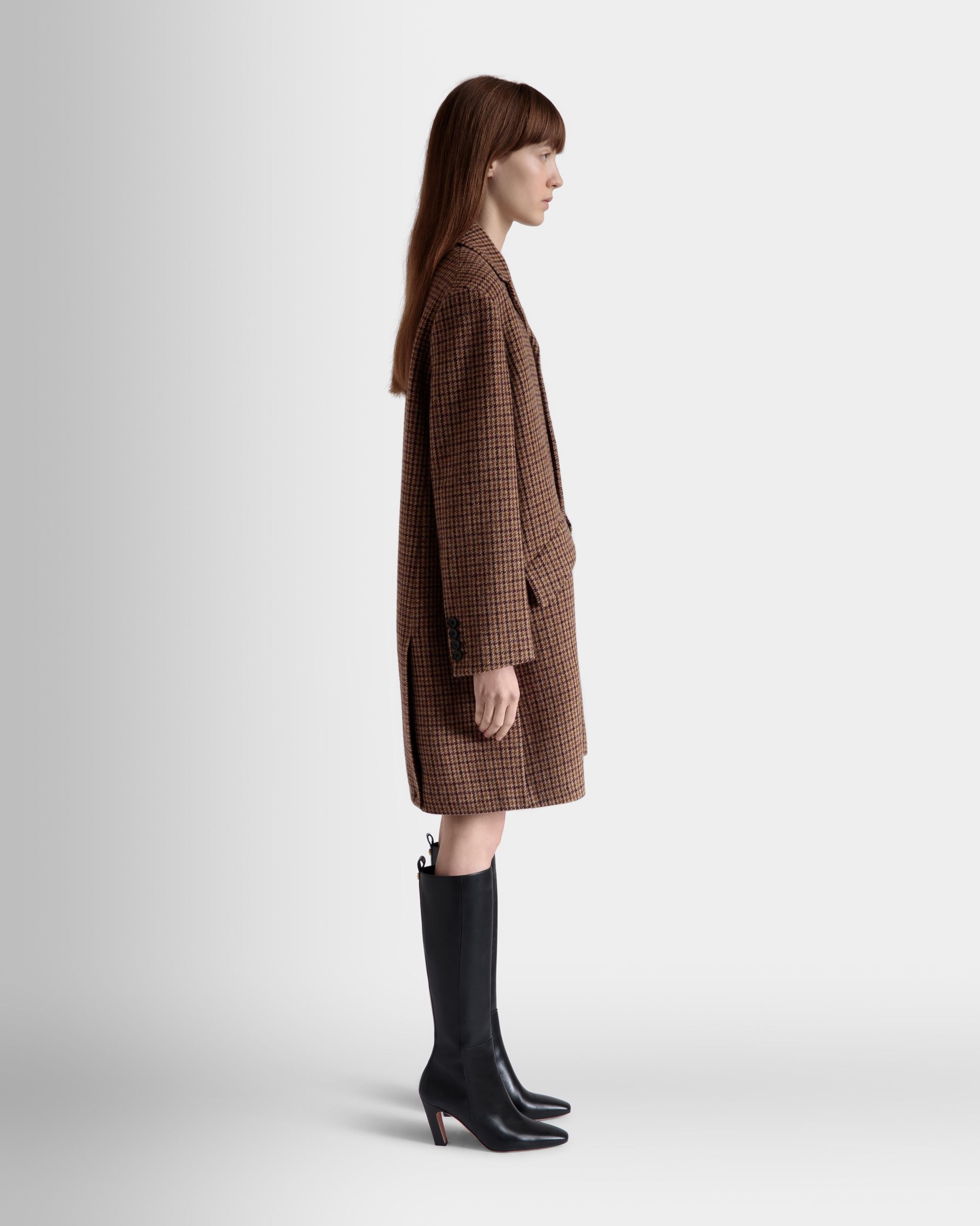Bally Global - Midi Coat In Multibrown Check Wool - Brown