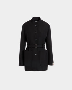 Belted Jacket in Black Nylon Gabardine